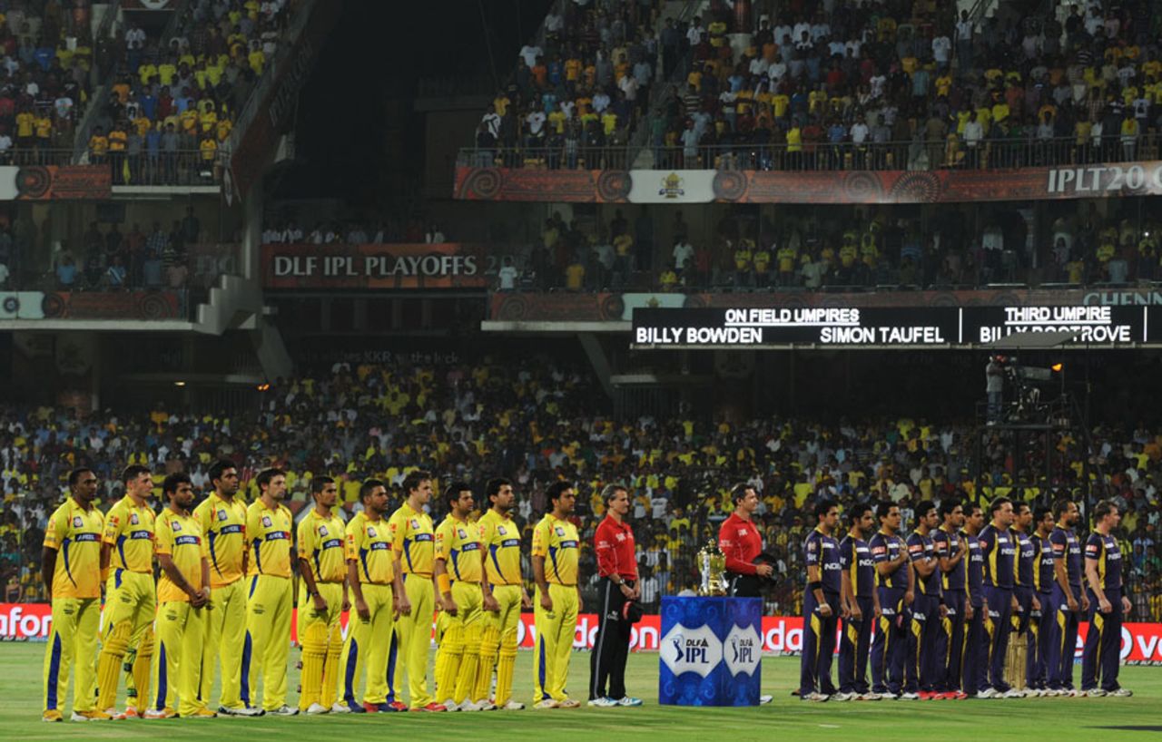 The teams assemble for the Indian national anthem ahead of the IPL final, Kolkata Knight Riders v Chennai Super Kings, IPL 2012, final, Chennai, May 27, 2012