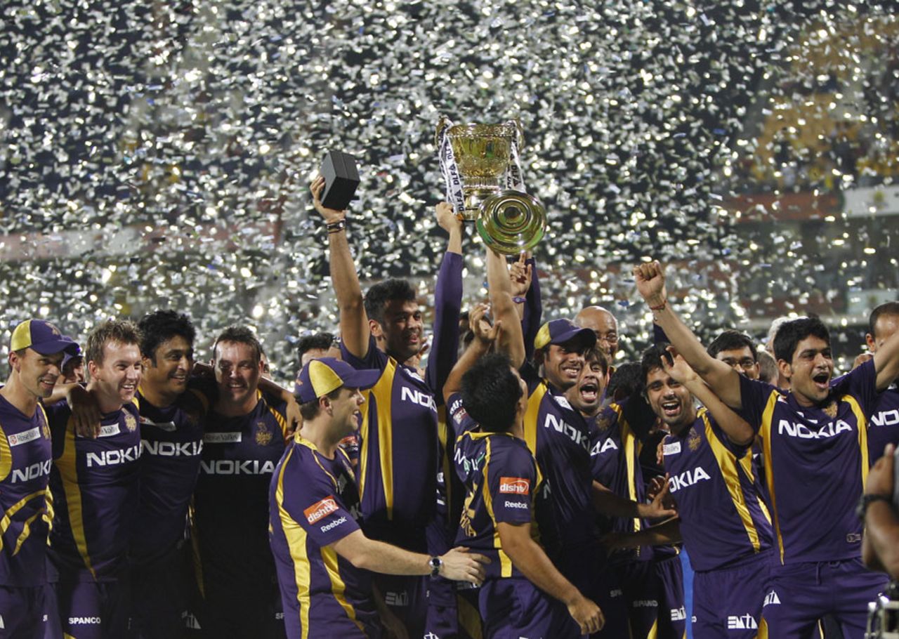 A jubilant Kolkata Knight Riders with the IPL trophy, Kolkata Knight Riders v Chennai Super Kings, IPL 2012, final, Chennai, May 27, 2012