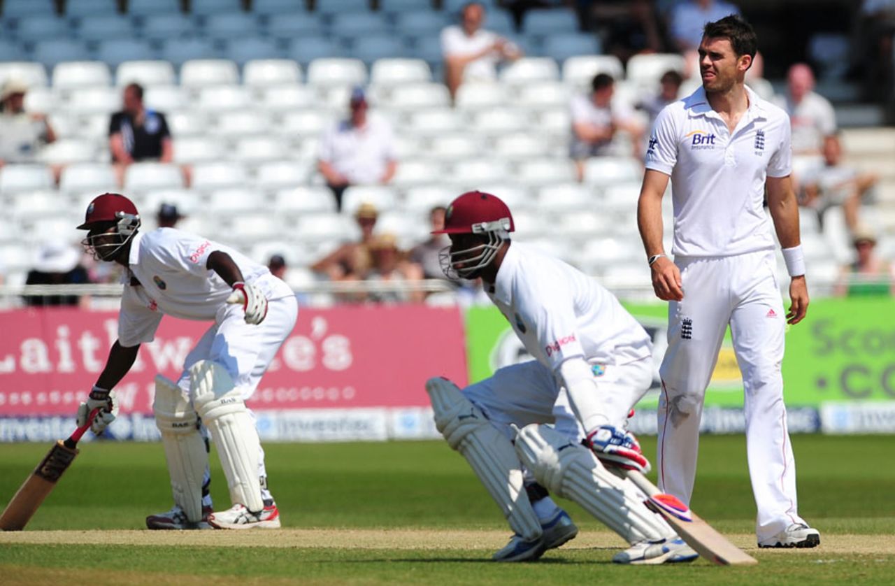 Darren Sammy and Marlon Samuels complete a run as James Anderson looks on, England v West Indies, 2nd Test, Trent Bridge, 4th day, May 28, 2012