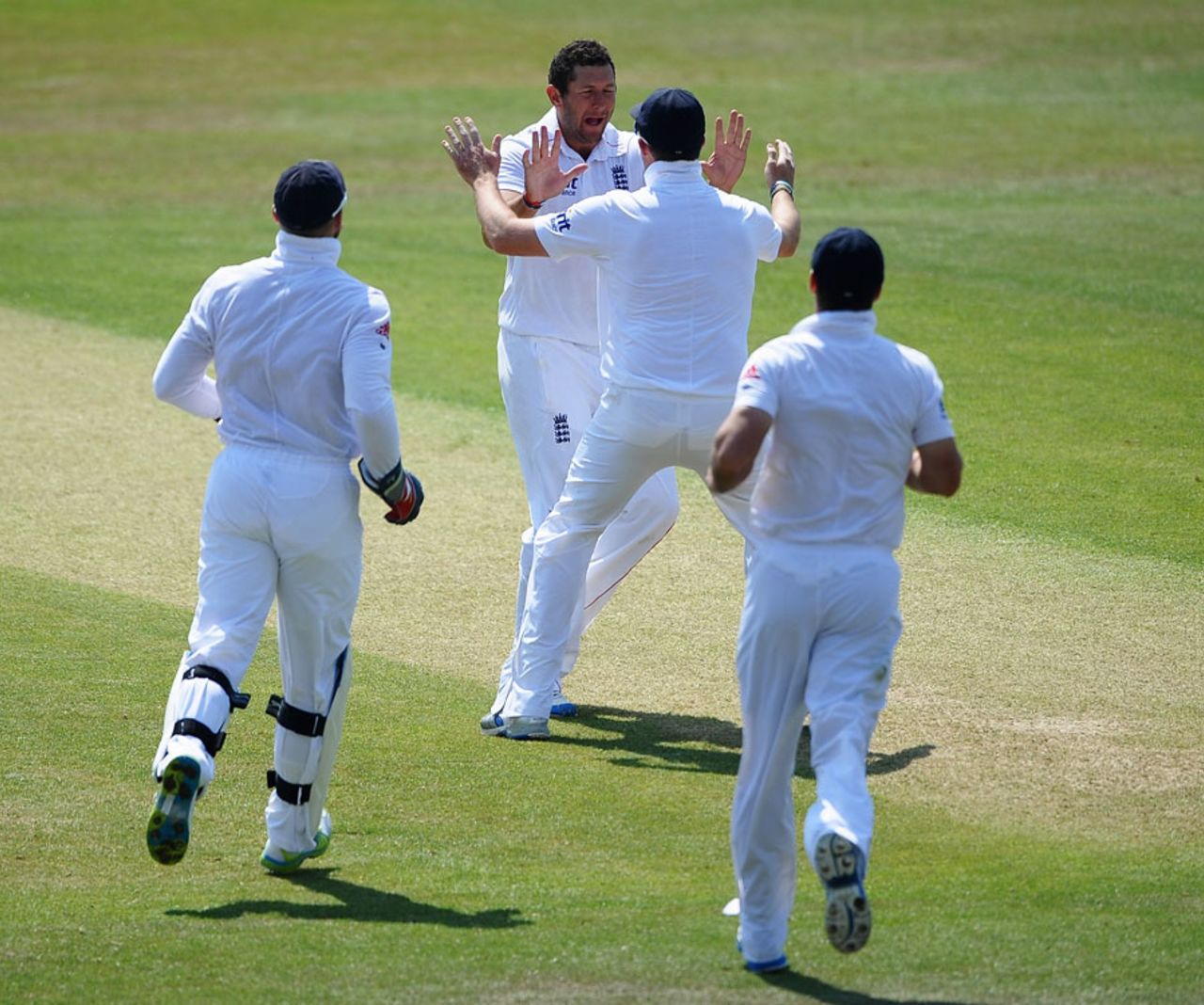 England players celebrate Tim Bresnan's breakthrough, England v West Indies, 2nd Test, Trent Bridge, 4th day, May 28, 2012