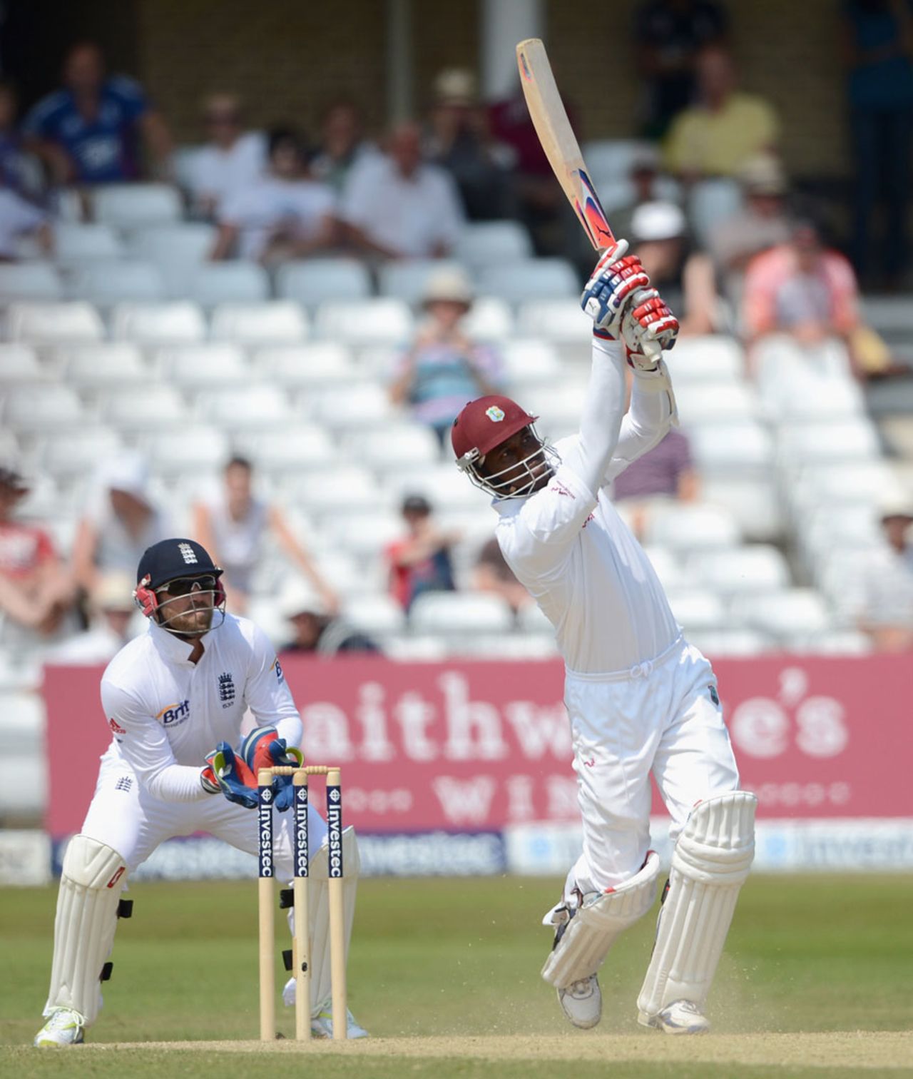 Marlon Samuels hit a couple of sixes off Graeme Swann to end on 76 not out, England v West Indies, 2nd Test, Trent Bridge, 4th day, May 28, 2012