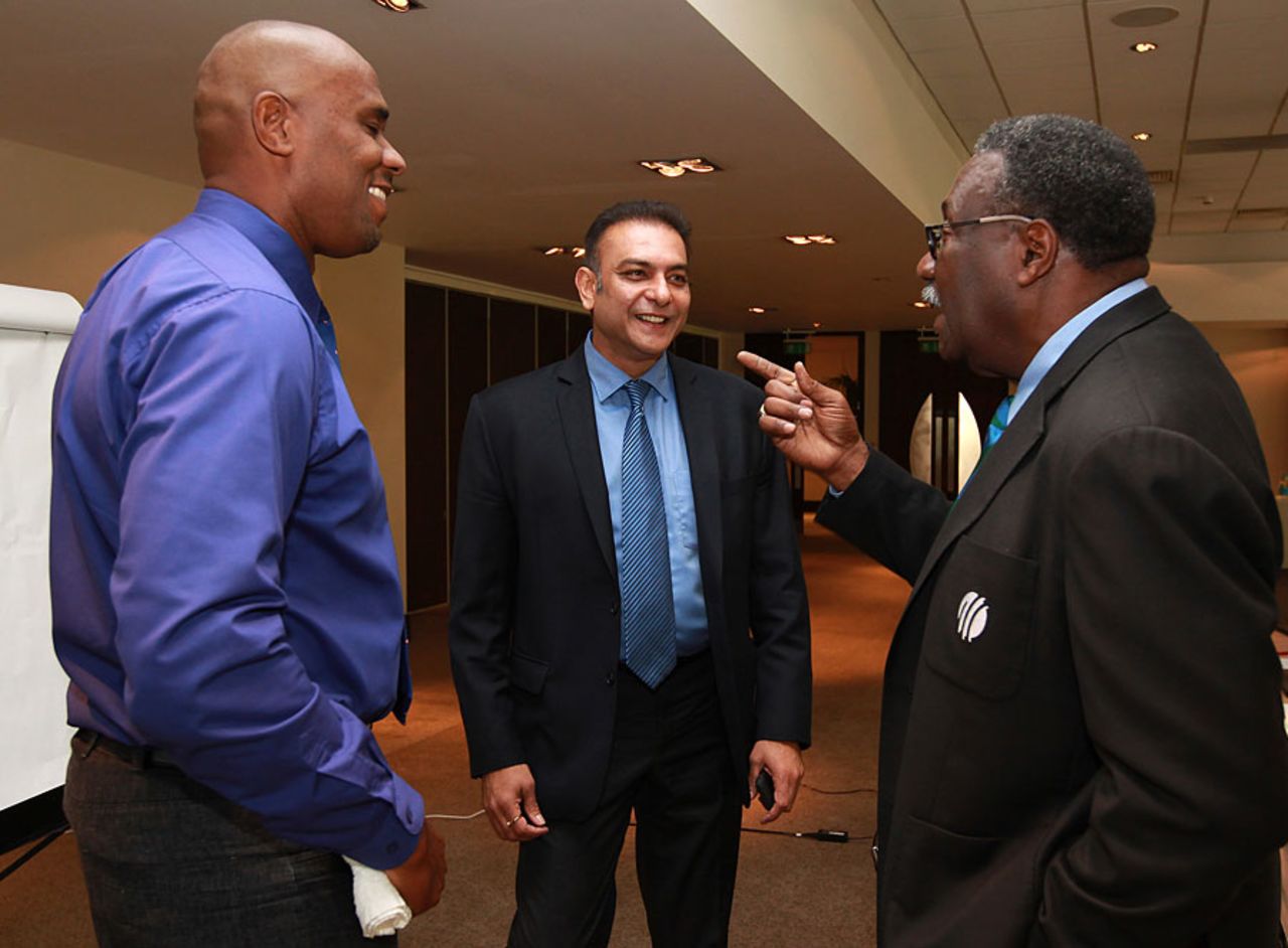 Ian Bishop, Ravi Shastri and Clive Lloyd chat before the ICC cricket committee meeting, London, May 30, 2012