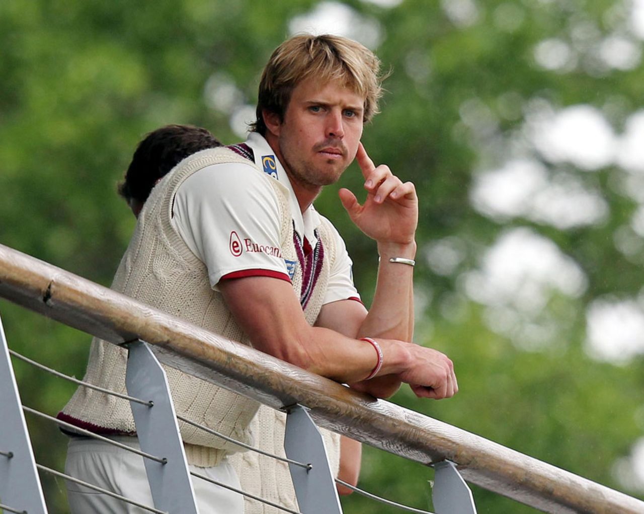 Nick Compton watches from the balcony as his chances of reaching 1,000 first-class runs before the end of May were ended by rain, Worcestershire v Somerset, County Championship, Division One, New Road, 2nd day, May 31, 2012