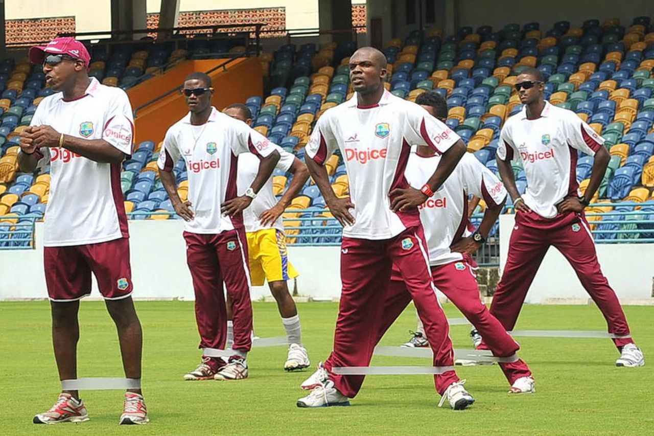 West Indies A team players warm up during training, Kensington Oval, Bridgetown, May 31, 2012