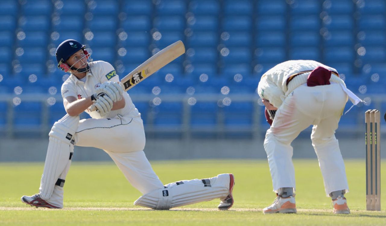 Joe Root plays a sweep shot on his way to a century, Yorkshire v Northamptonshire, County Championship, Division Two, 2nd day, May 31, 2012