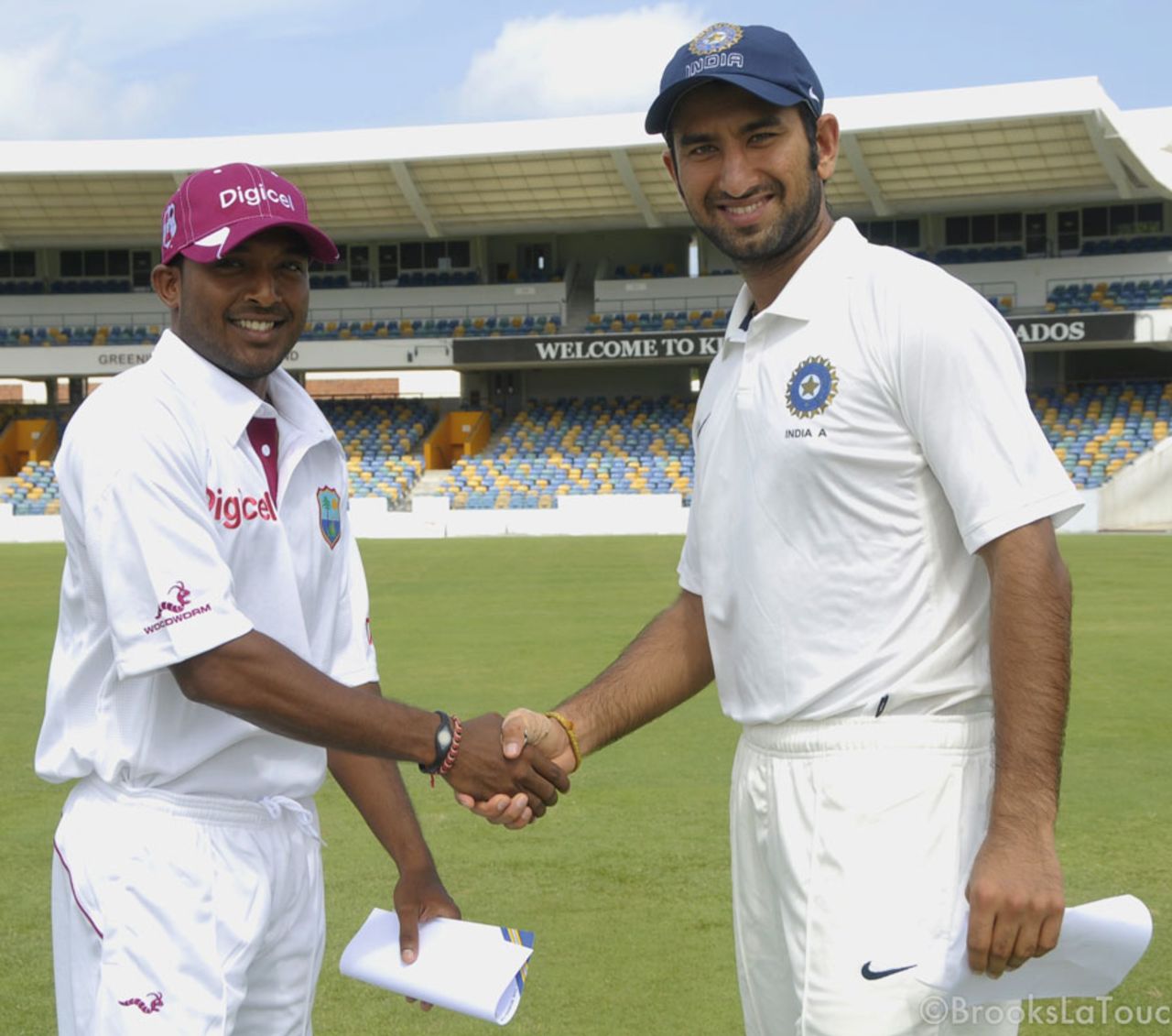 West Indies A captain Veerasammy Permaul and India A captain Cheteshwar Pujara, West Indies A v India A, 1st unofficial Test, Barbados, 1st day, June 2, 2012