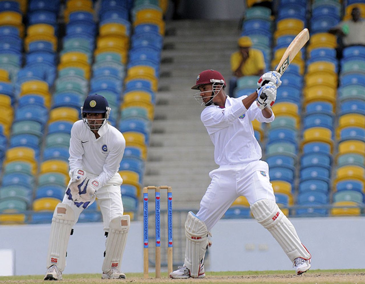 Lendl Simmons cuts on his way to a half-century, West Indies A v India A, 1st unofficial Test, Barbados, 3rd day, June 4, 2012
