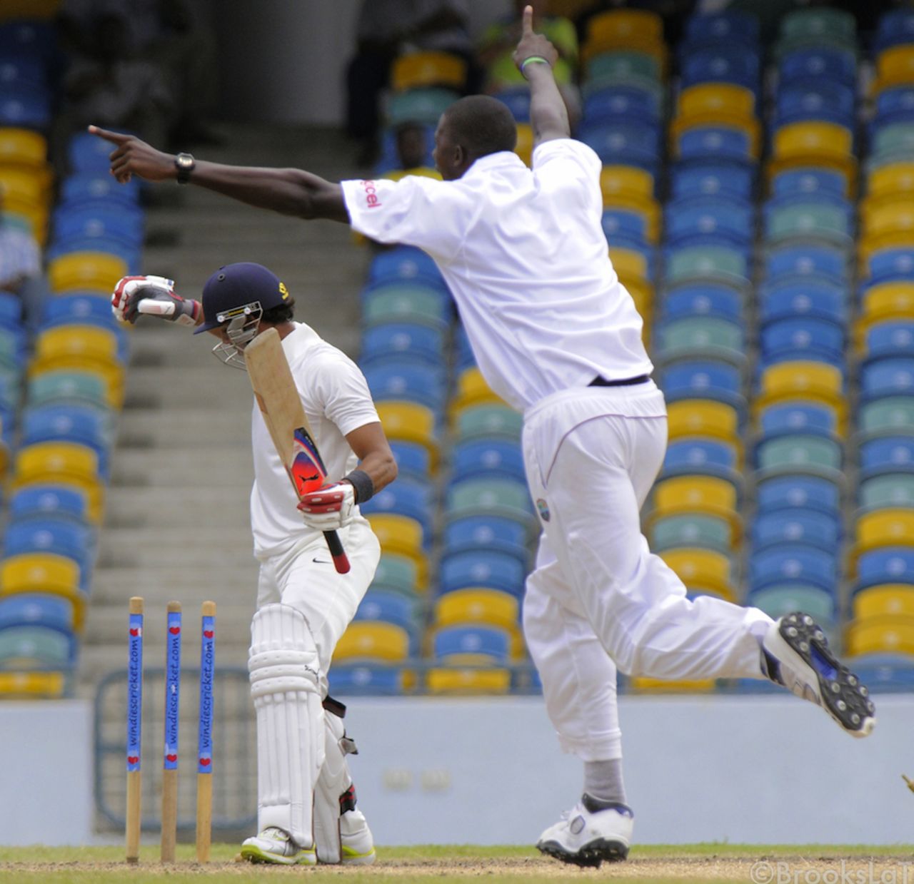 Manoj Tiwary was bowled by a Jason Holder delivery, West Indies A v India A, 1st unofficial Test, Barbados, 4th day, June 5, 2012