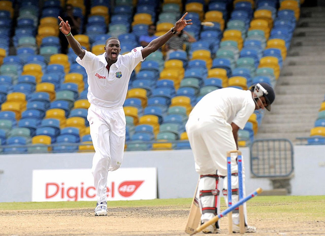 Jason Holder bowls Bhuvneshwar Kumar, West Indies A v India A, 1st unofficial Test, Barbados, 4th day, June 5, 2012