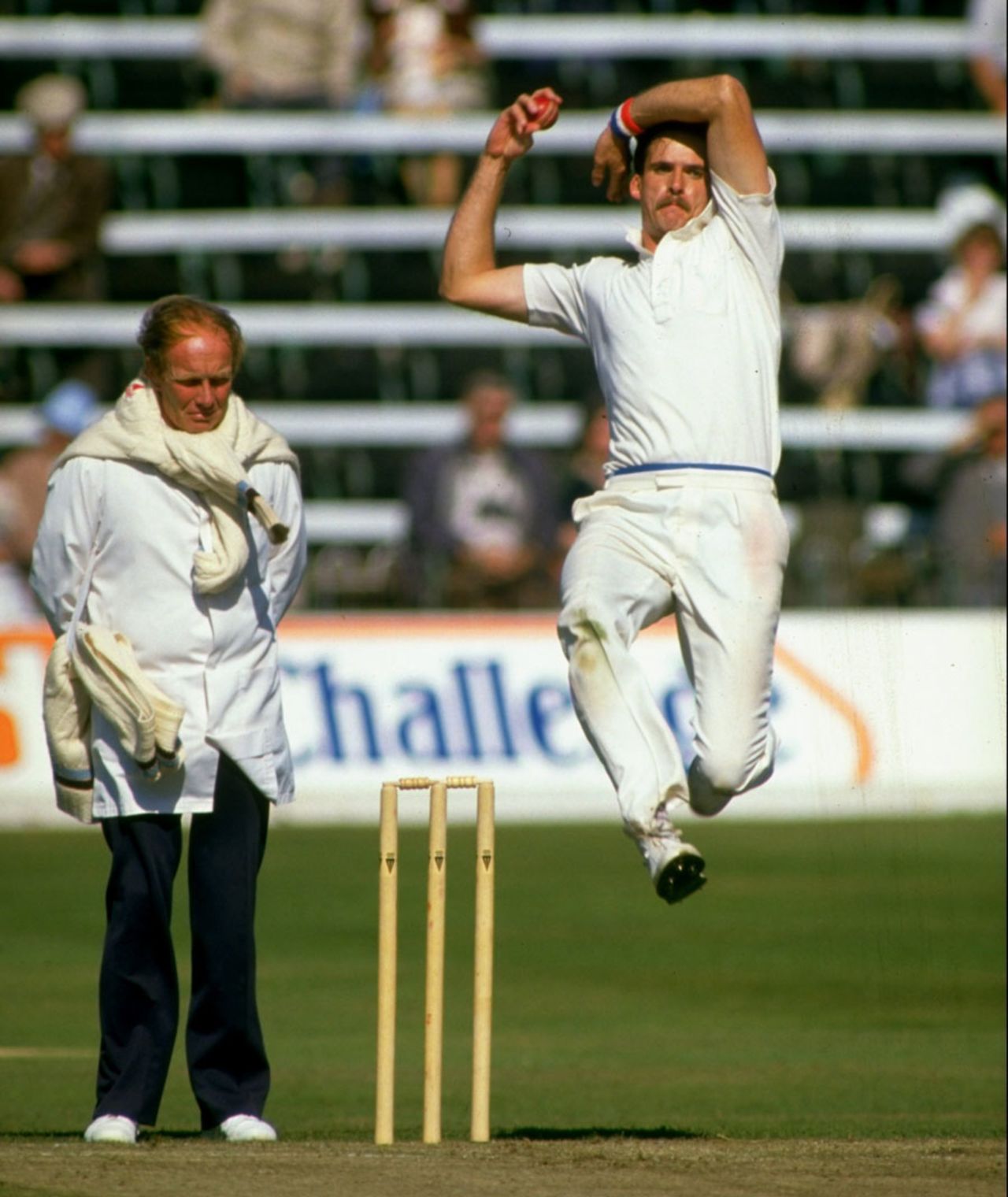 Derbyshire bowler Ole Mortensen bowls  during a match at the Festival in Scarborough, September 1, 1985