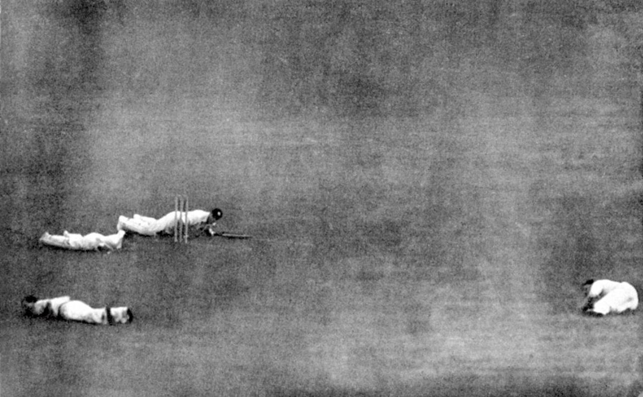 Players lay down on the ground when a German flying bomb was expected to land at Lord's, Army v Royal Air Force, Lord's, July 29, 1944