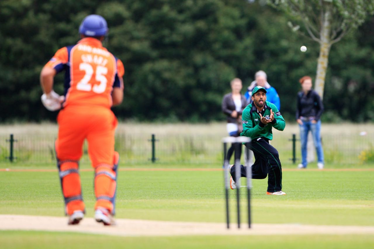 Michael Swart is caught by Shaaiq Chaudhry for 3, Netherlands v Worcestershire, CB40 Group A, The Hague, June, 8, 2012