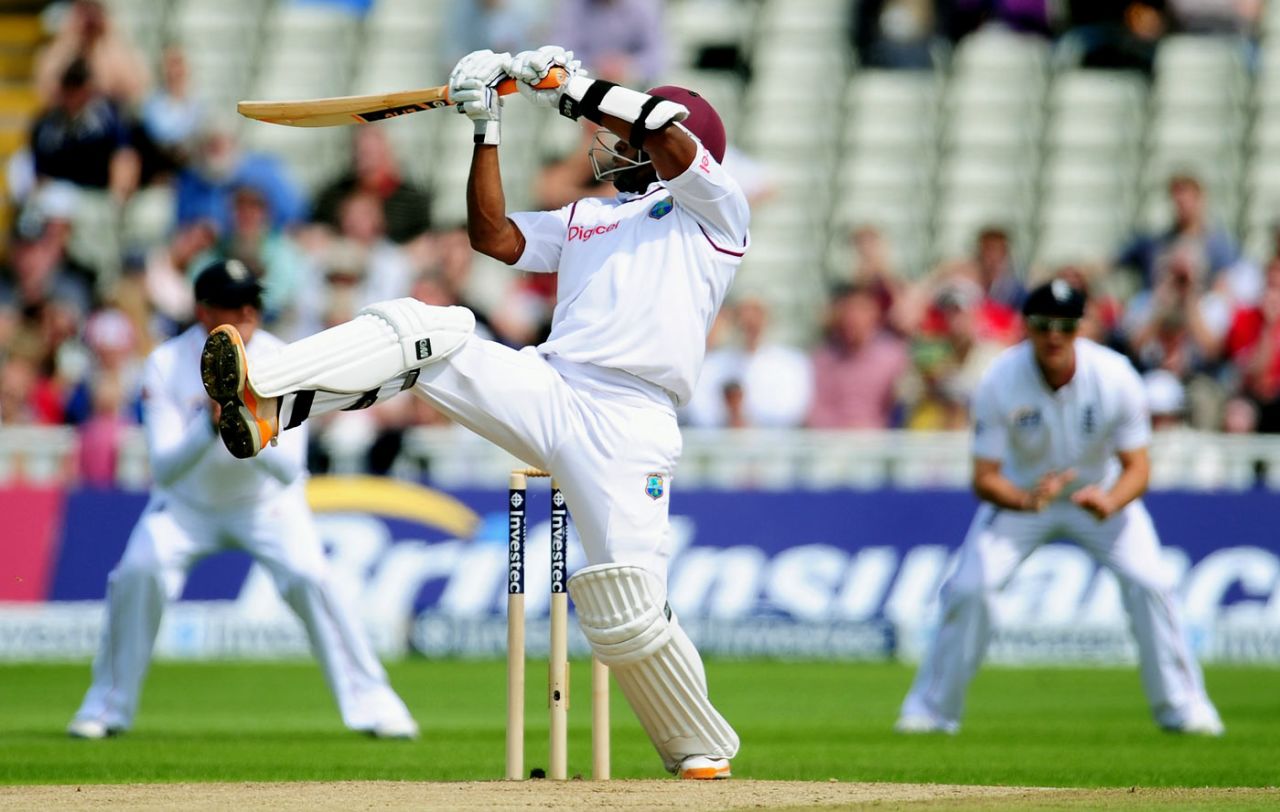 Tino Best goes over the off side, England v West Indies, 3rd Test, Edgbaston, 4th day, June 10, 2012