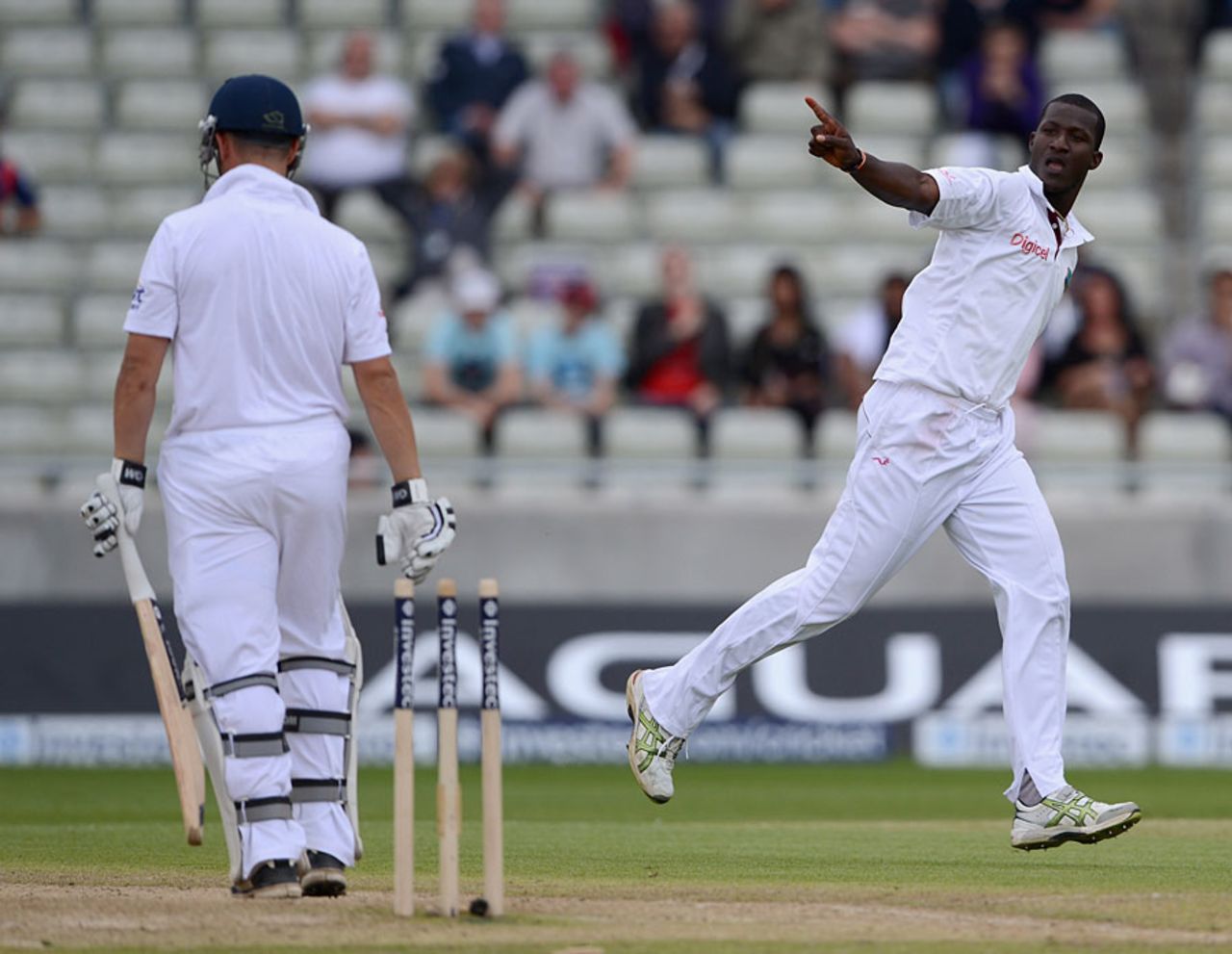Jonathan Trott chopped on against Darren Sammy, England v West Indies, 3rd Test, Edgbaston, 4th day, June 10, 2012