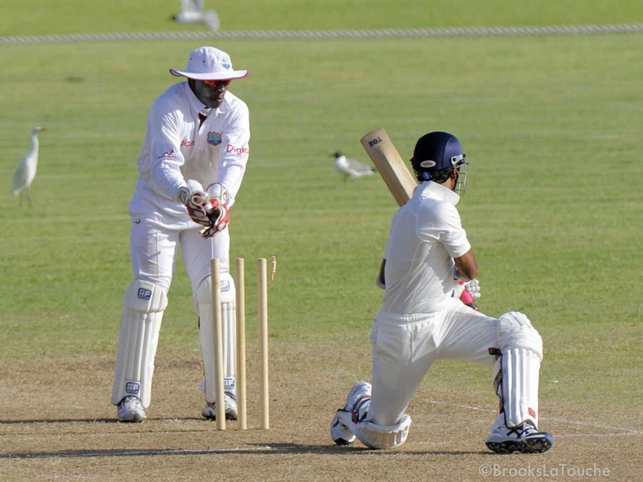 Ashok Dinda is bowled by Veerasammy Permaul, West Indies A v India A, 2nd unofficial Test, St Vincent, 2nd day, June 10, 2012