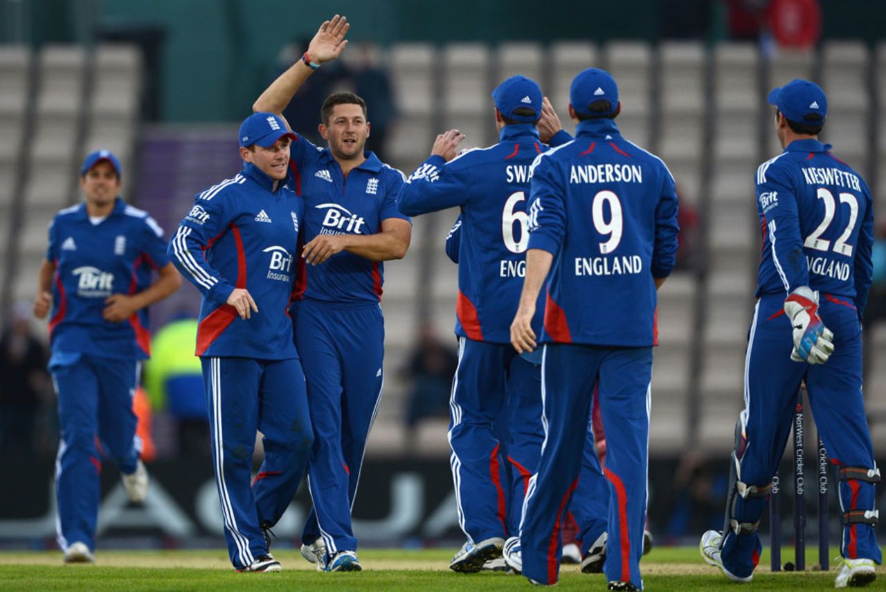 Tim Bresnan took four wickets as England celebrated an emphatic win, England v West Indies, 1st ODI, West End, June 16, 2012