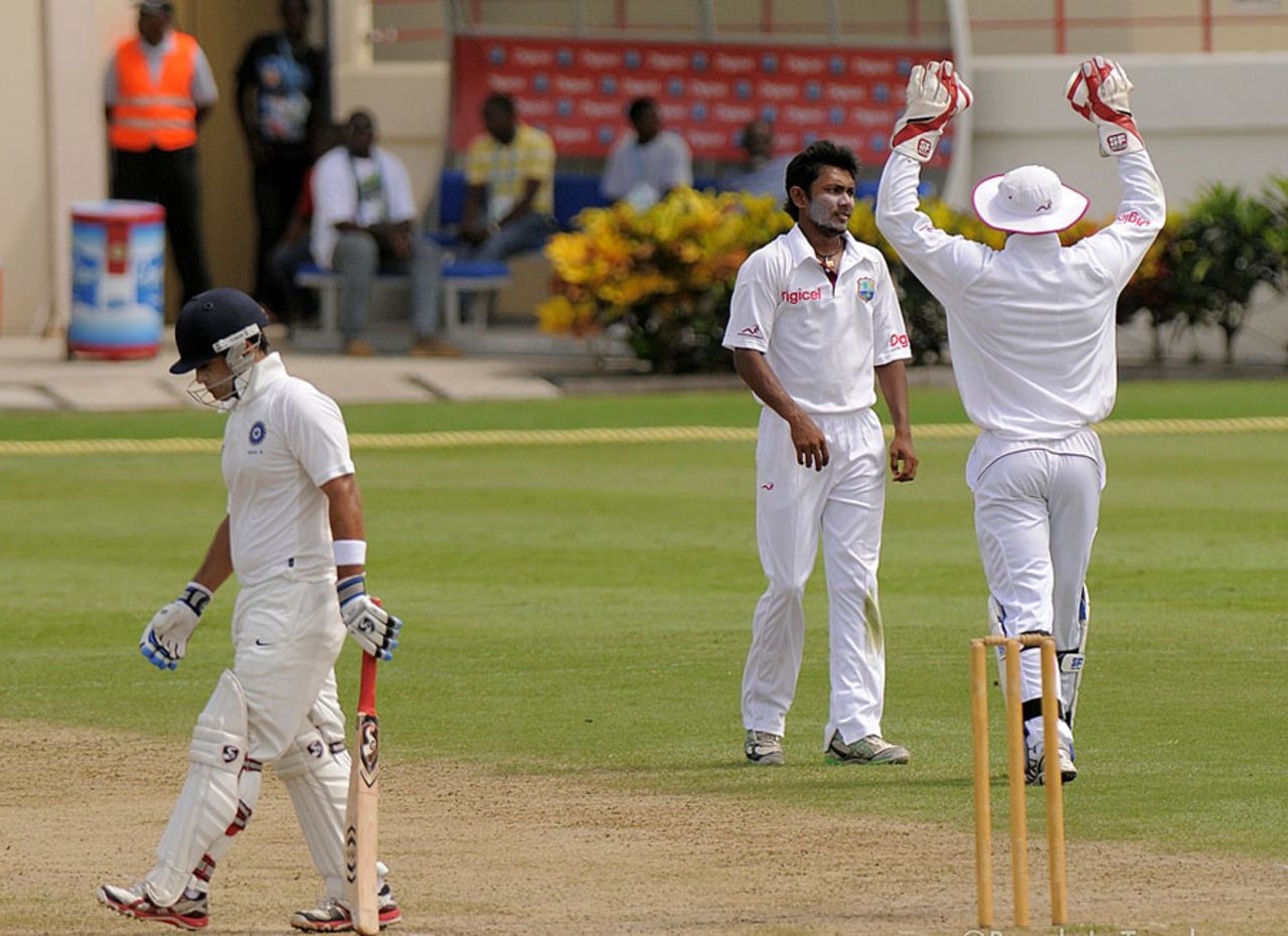 Devendra Bishoo had Robin Bist lbw, West Indies A v India A, 3rd unofficial Test, St Lucia, 1st day, June 16, 2012