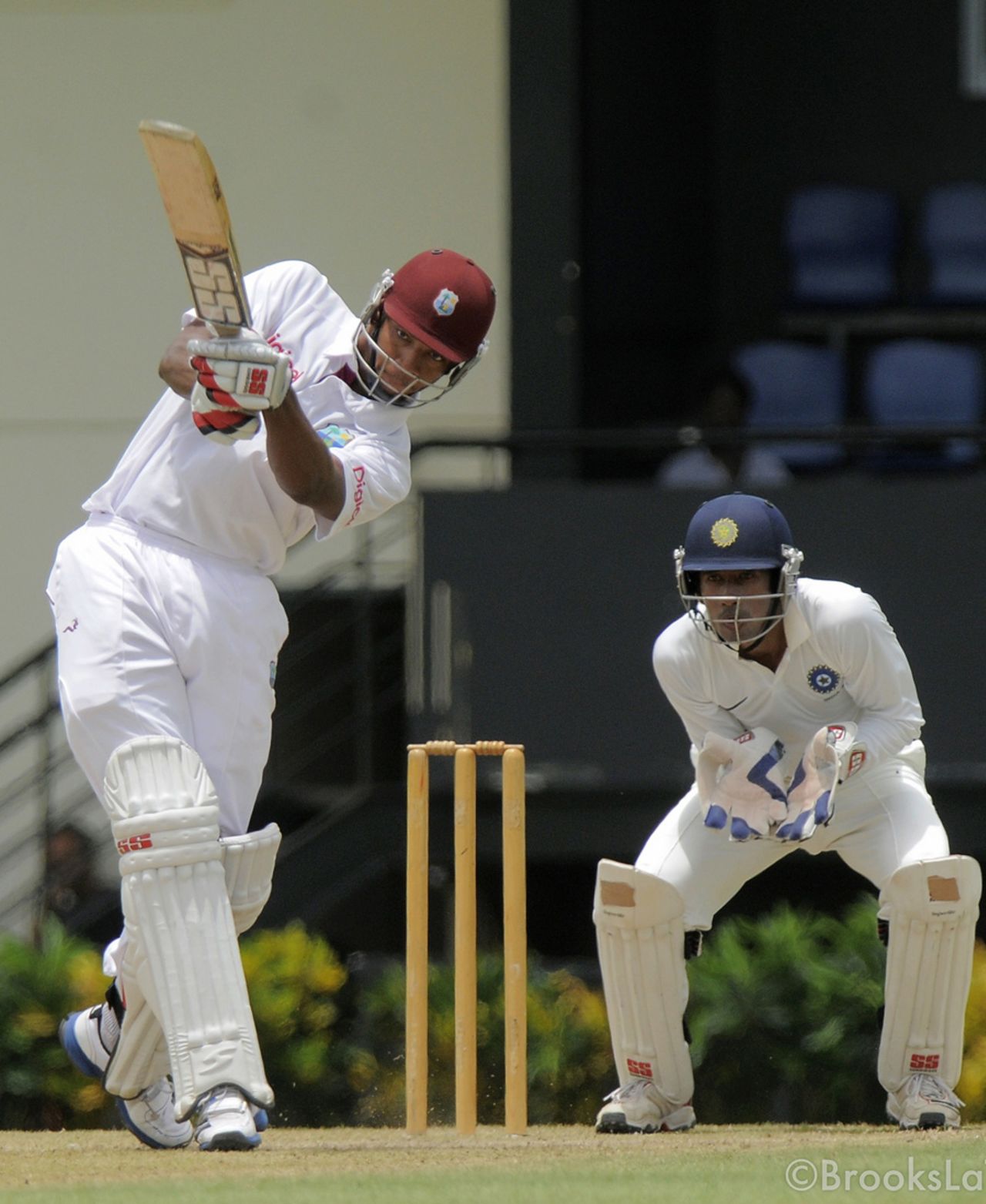 Kieran Powell drives during his century, West Indies A v India A, 3rd unofficial Test, St Lucia, 2nd day, June 17, 2012
