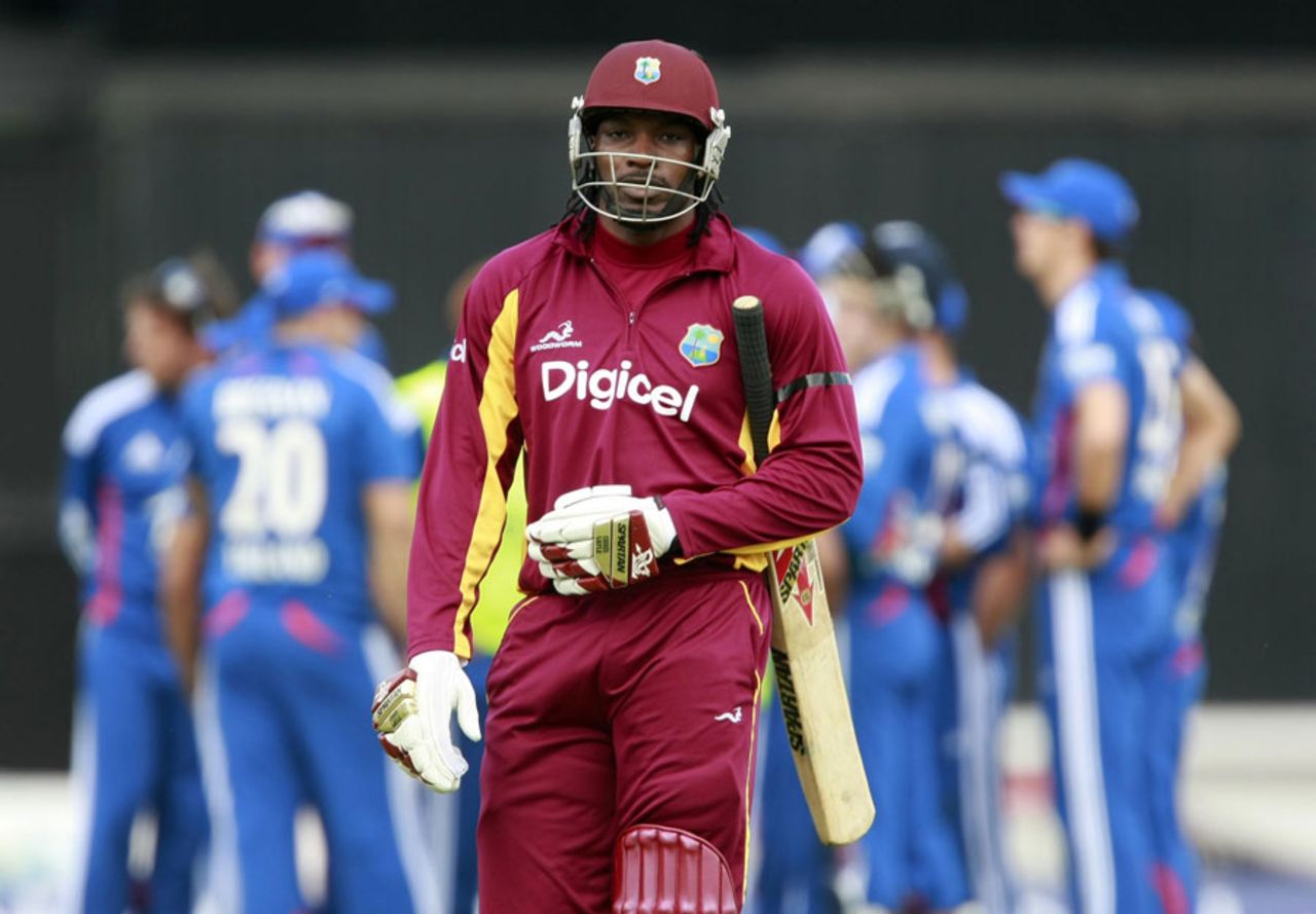 Chris Gayle has to leave the field after failing with a review, England v West Indies, 2nd ODI, The Oval, June 19, 2012