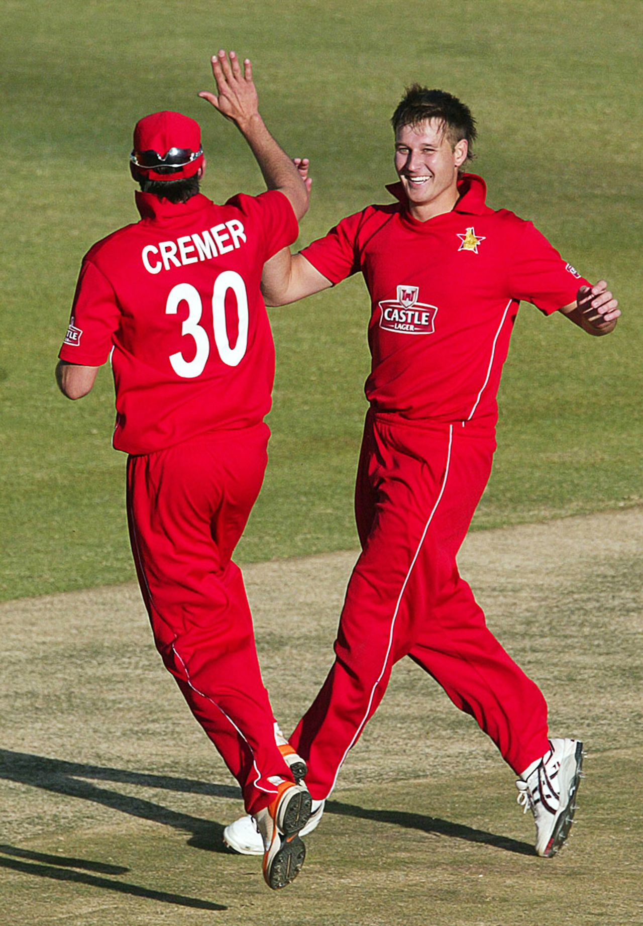 Graeme Cremer and Kyle Jarvis celebrate the final wicket, Zimbabwe v South Africa, T20 tri-series, Harare, June 20, 2012