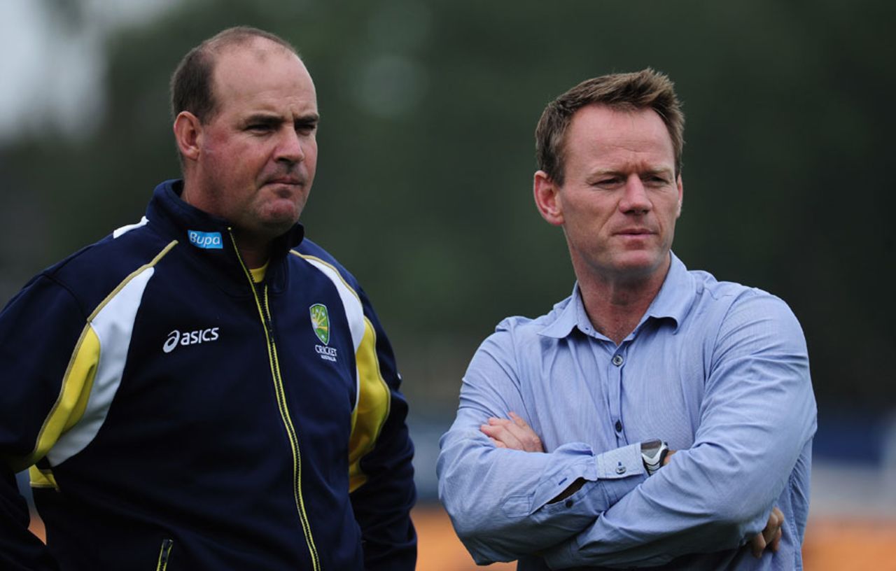 Mickey Arthur and Pat Howard observe the Australia warm up, Leicestershire v Australians, Grace Road, June, 21, 2012