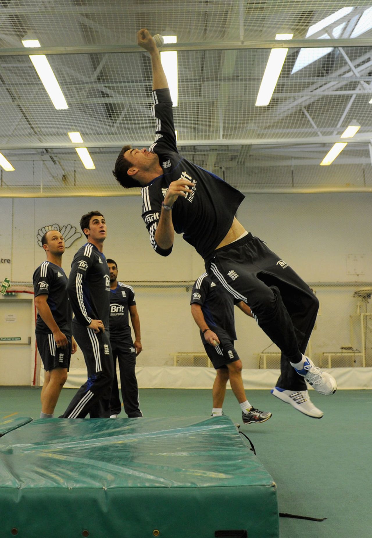 James Anderson dives for a catch in the indoor school, Headingley, June, 21, 2012