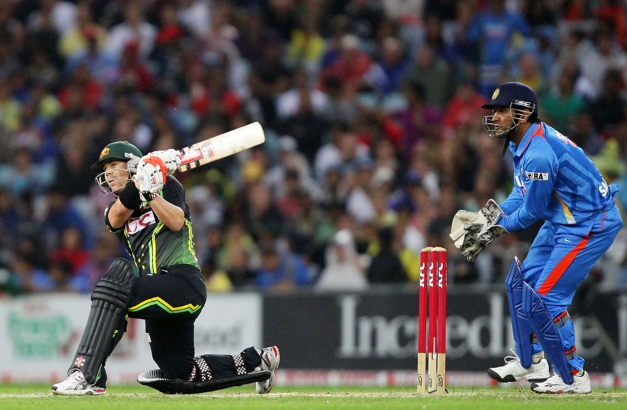 David Warner switch-hits for six, Australia v India, 1st Twenty20, Stadium Australia, Sydney, February 1, 2012