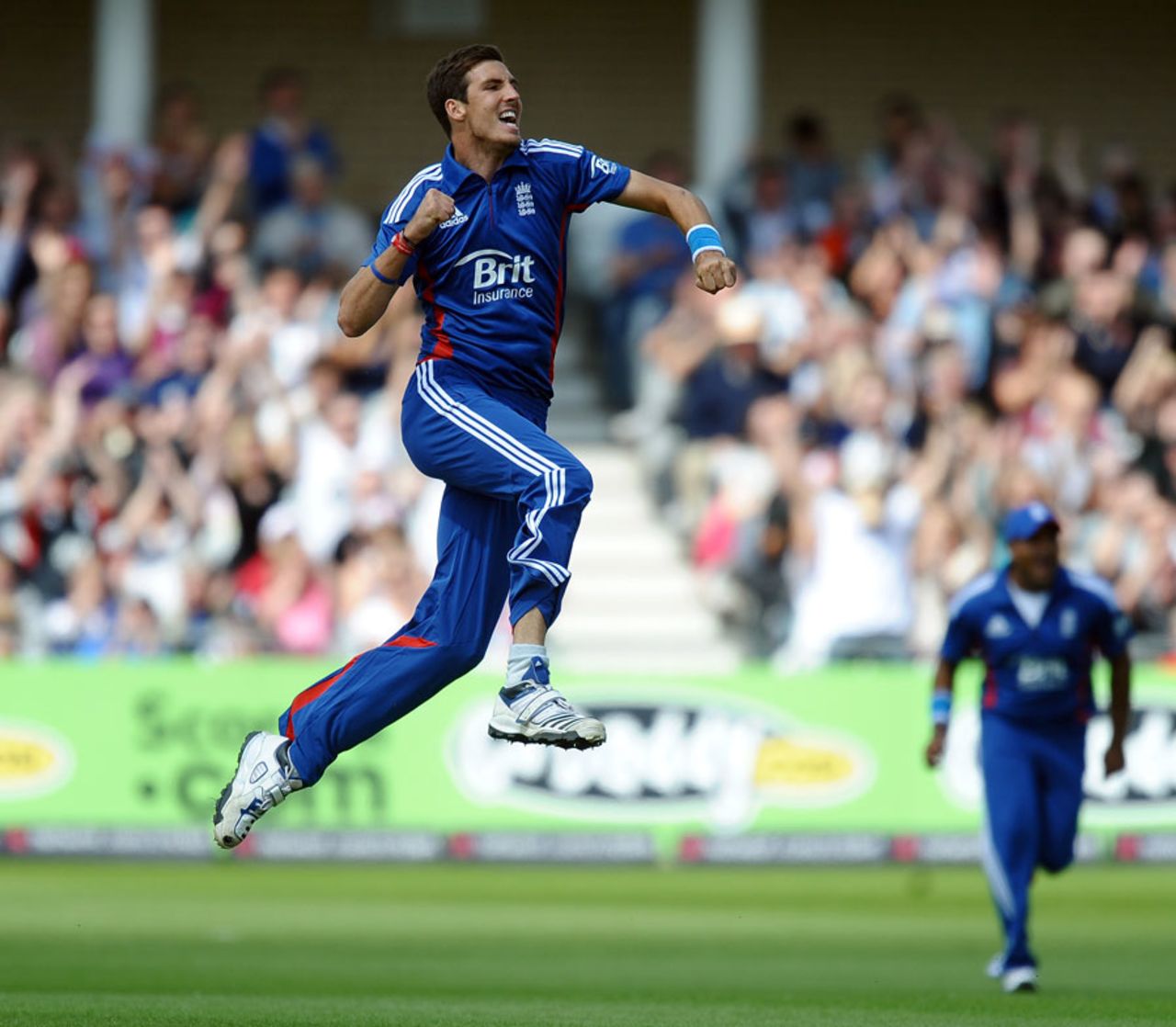 Steve Finn leaps for joy after having Chris Gayle caught at fine leg, England v West Indies, T20, Trent Bridge, June, 24, 2012