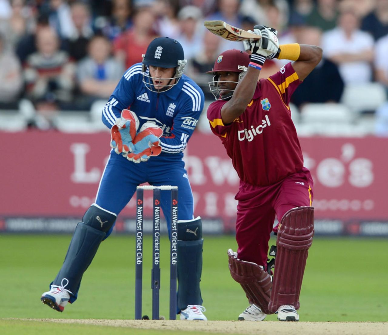 Dwayne Bravo peppered the boundary in the closing overs, England v West Indies, T20I, Trent Bridge, June, 24, 2012