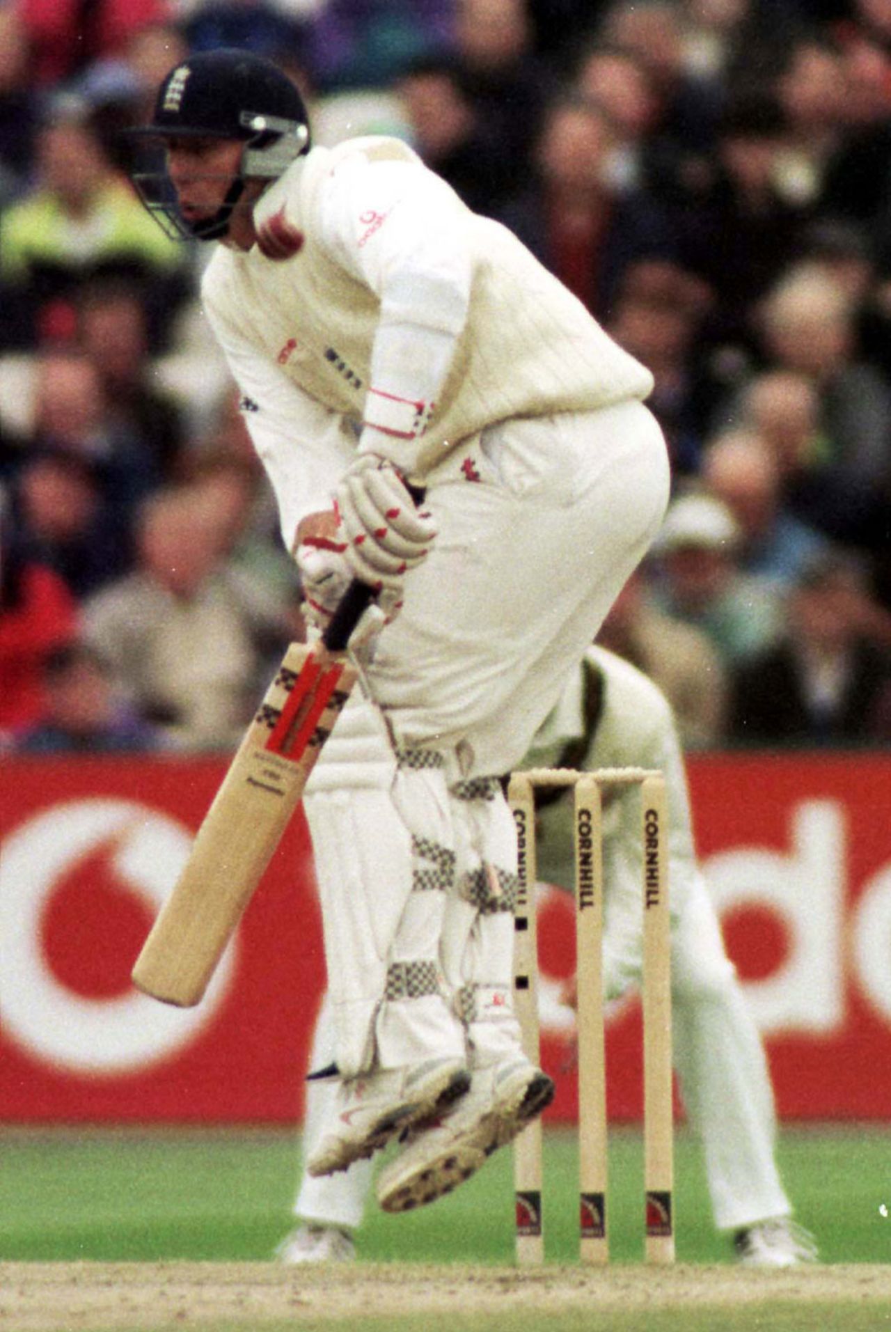 Mike Atherton is hit on the shoulder by a short ball from Allan Donald, England v South Africa, 3rd Test, Old Trafford, 4th day, July 5, 1999