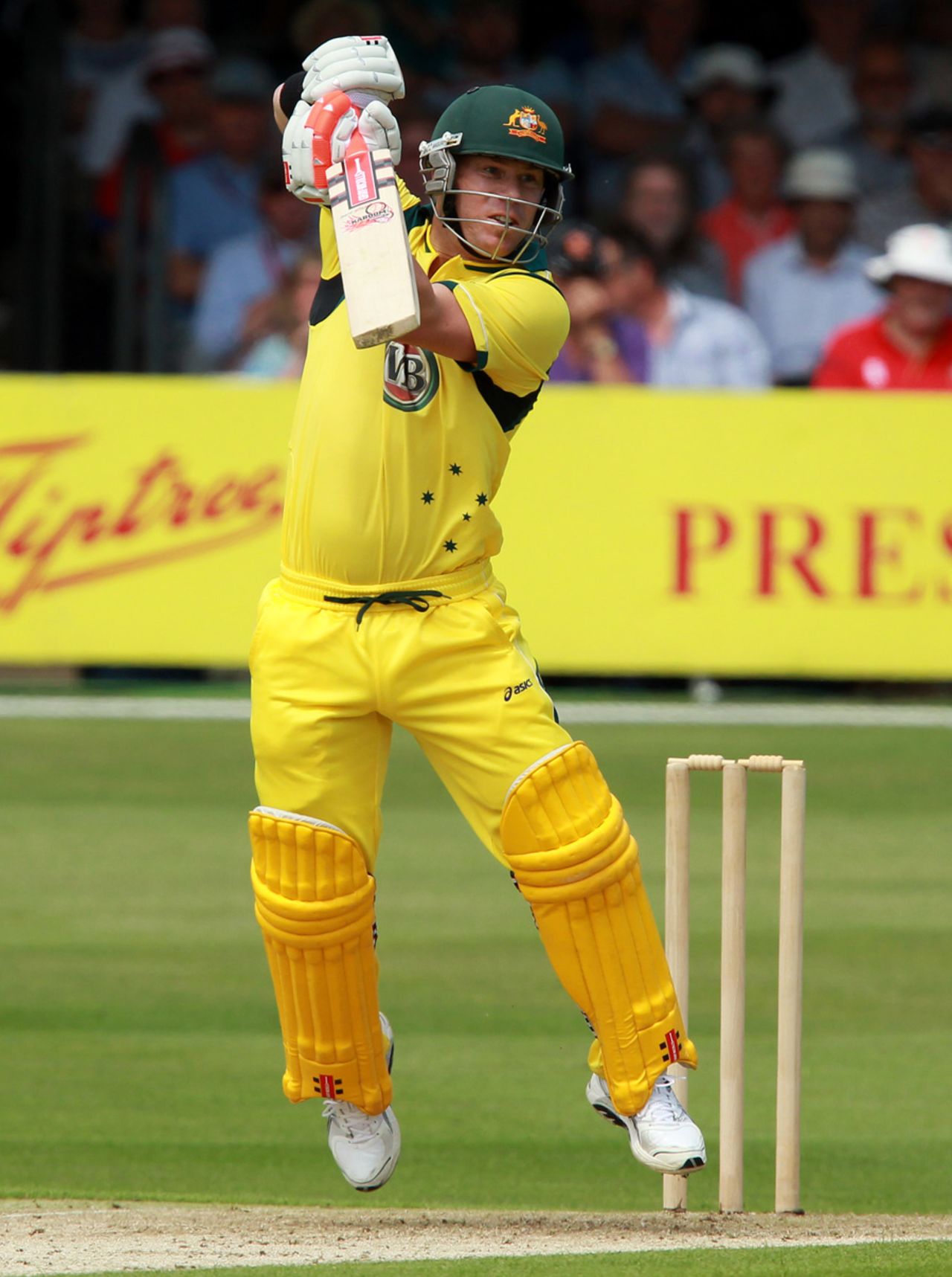 David Warner punches, not quite off the back foot, Essex v Australians, Tour match, Chelmsford, June 26, 2012