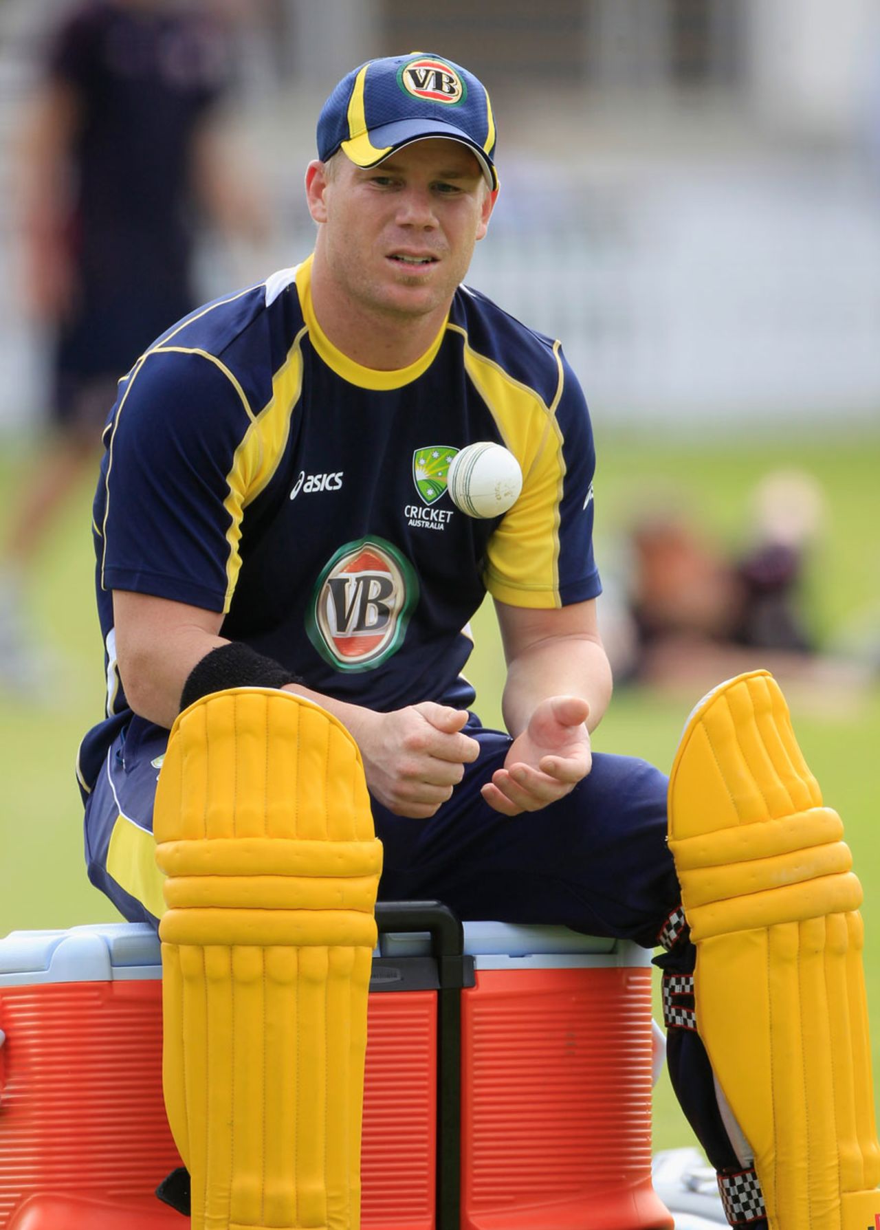 David Warner has a sit down during Australia practice, Lord's, June 28, 2012
