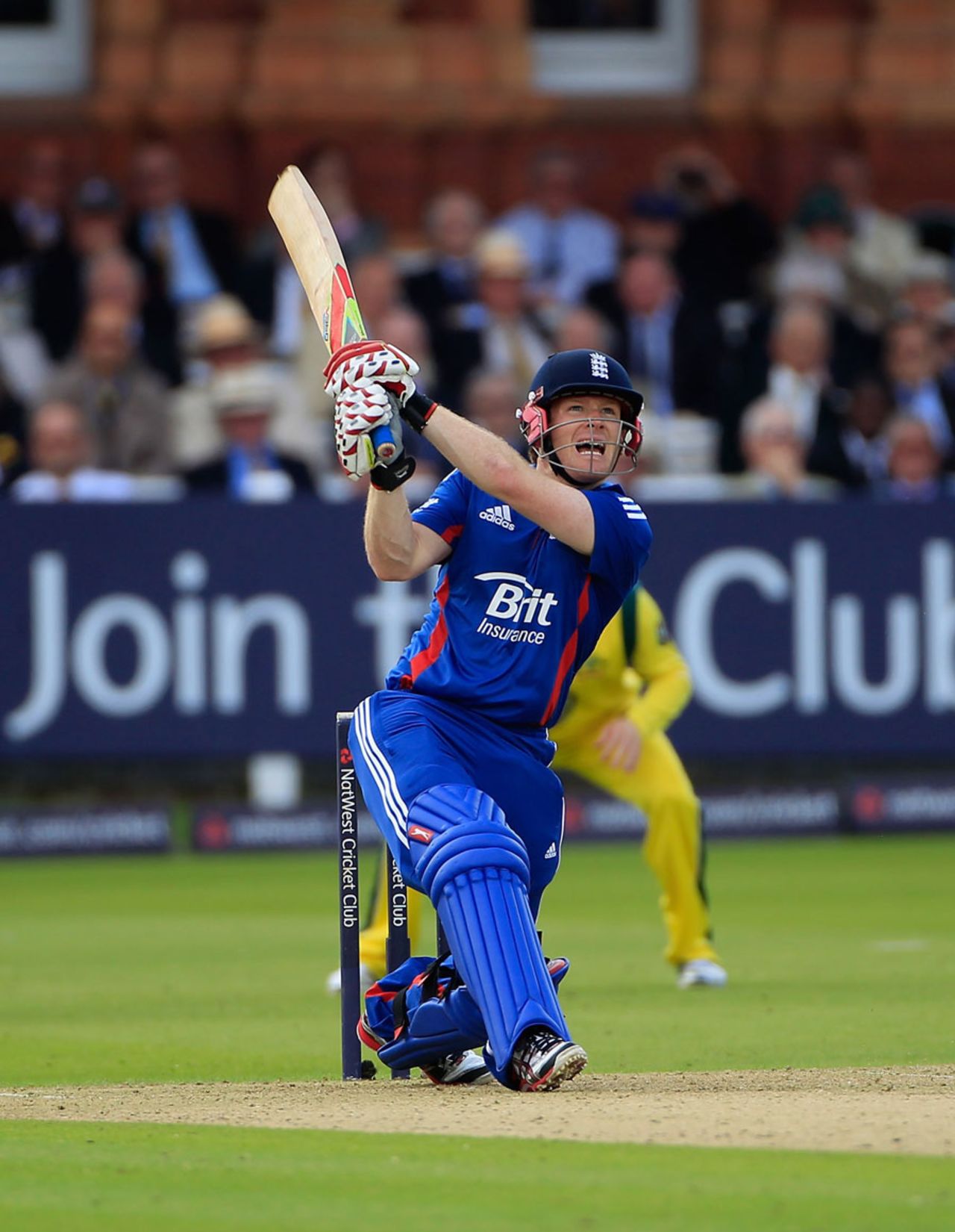 Eoin Morgan lifts a six down the ground, England v Australia, 1st ODI, Lord's, June 29, 2012
