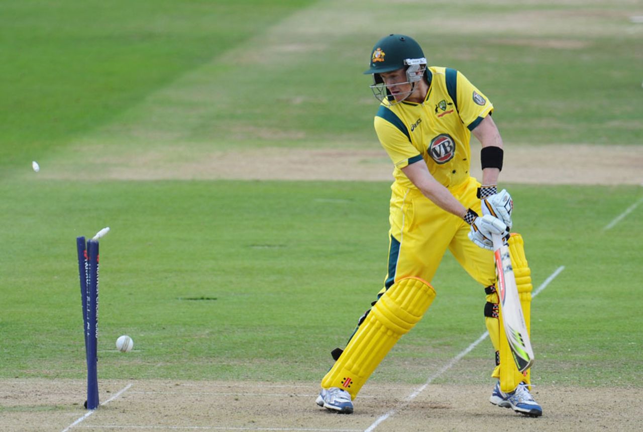 George Bailey chops James Anderson onto his stumps for 29, England v Australia, 1st ODI, Lord's, June 29, 2012