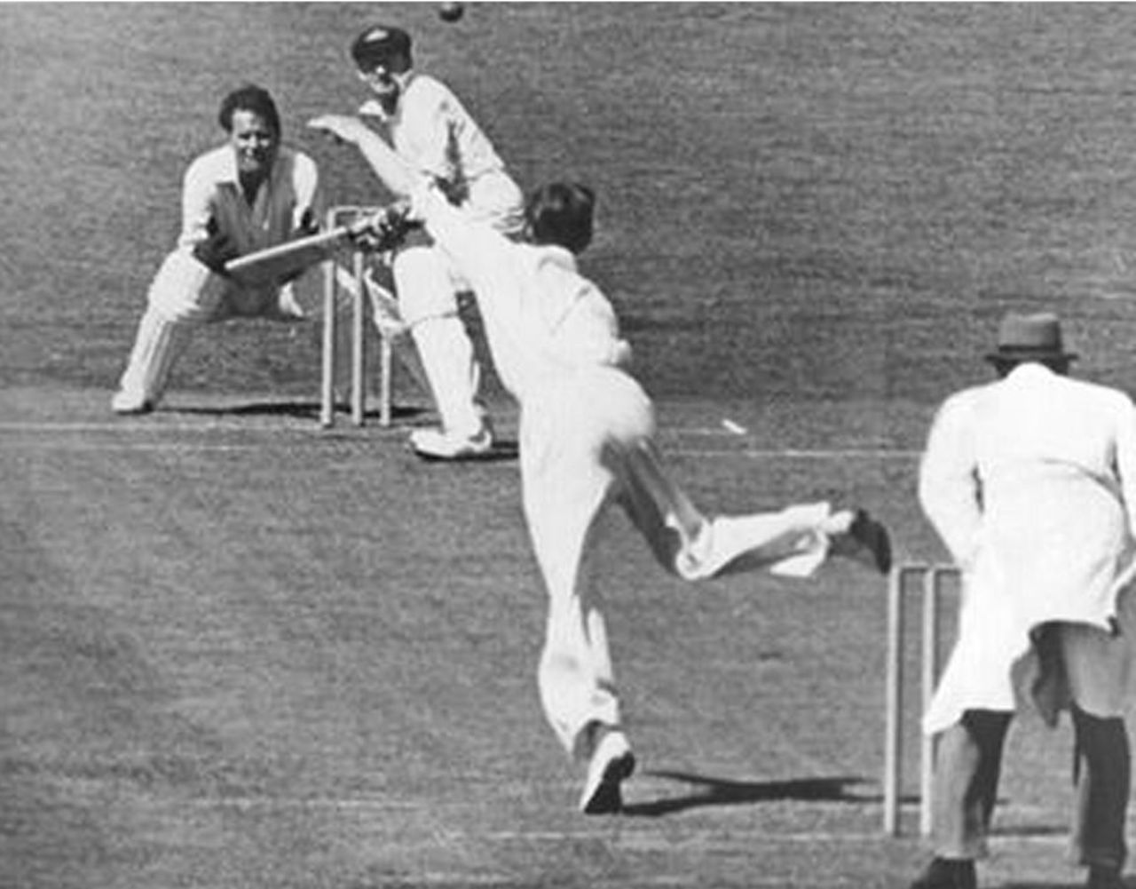Peter Smith bowls to Don Bradman - Bradman made 187 as the Australians scored 721, Essex v Australians, Southend, May 15, 1948