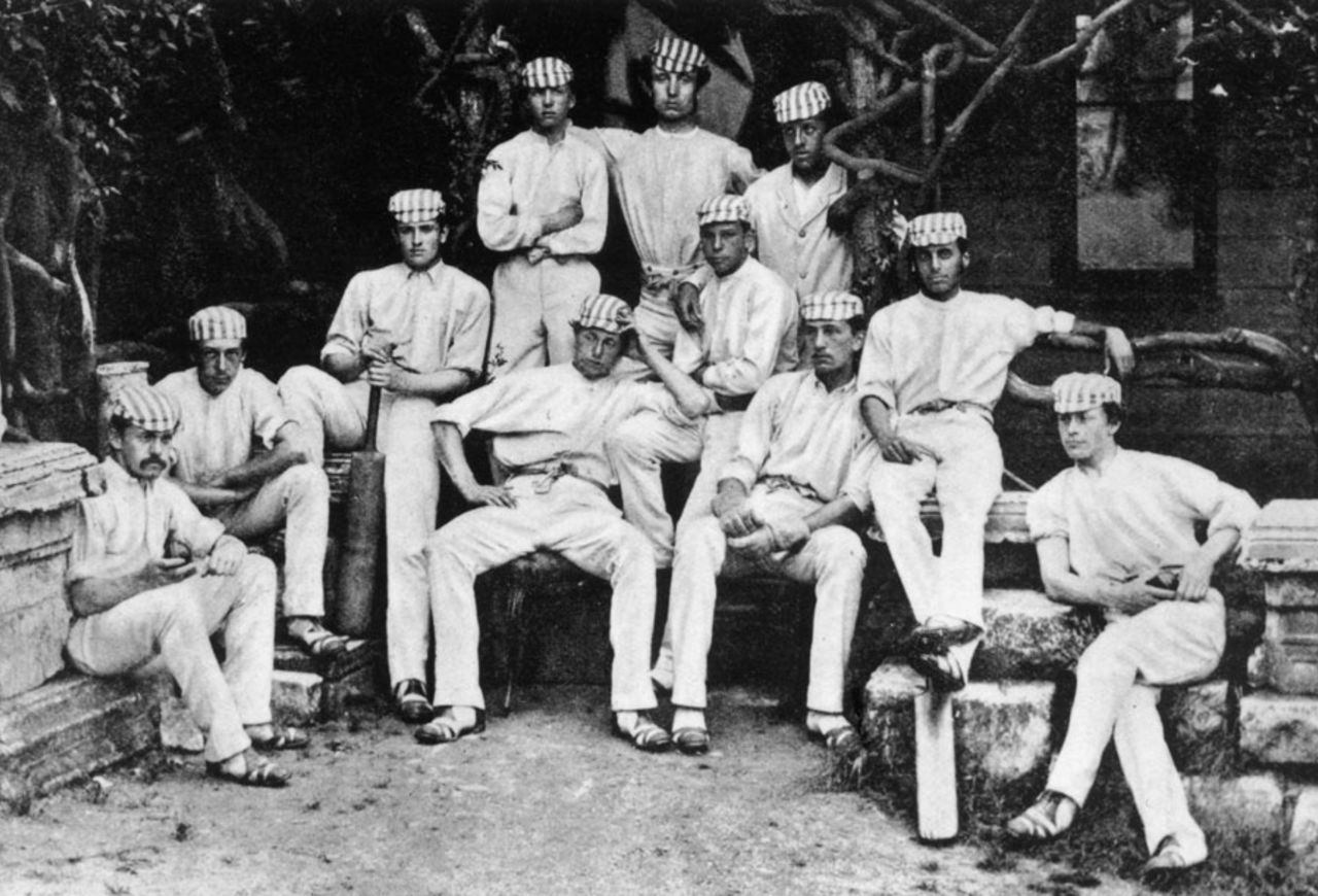 The Harrow XI during the match against Eton in 1869. Back row, (left to right): George Macan, AJ Begbie, W Law; Front row: Charles Walker, Frederick Alexander Currie, WP Crake, Spencer Gore, William Openshaw, Edward Peter Baily, AA Apcar and CT Giles
