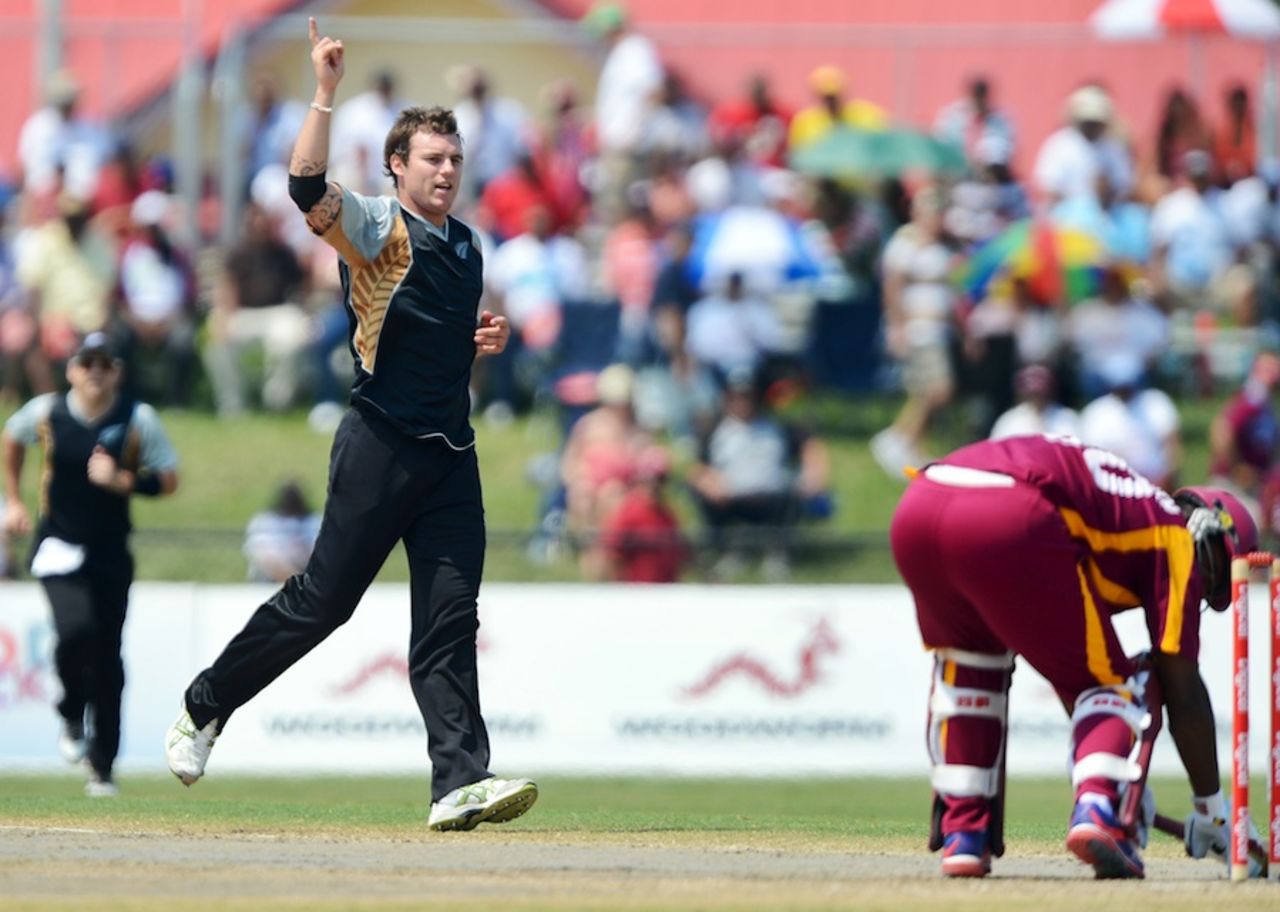 Doug Bracewell celebrates Dwayne Smith's wicket, West Indies v New Zealand, 1st Twenty20, Florida, June 30, 2012