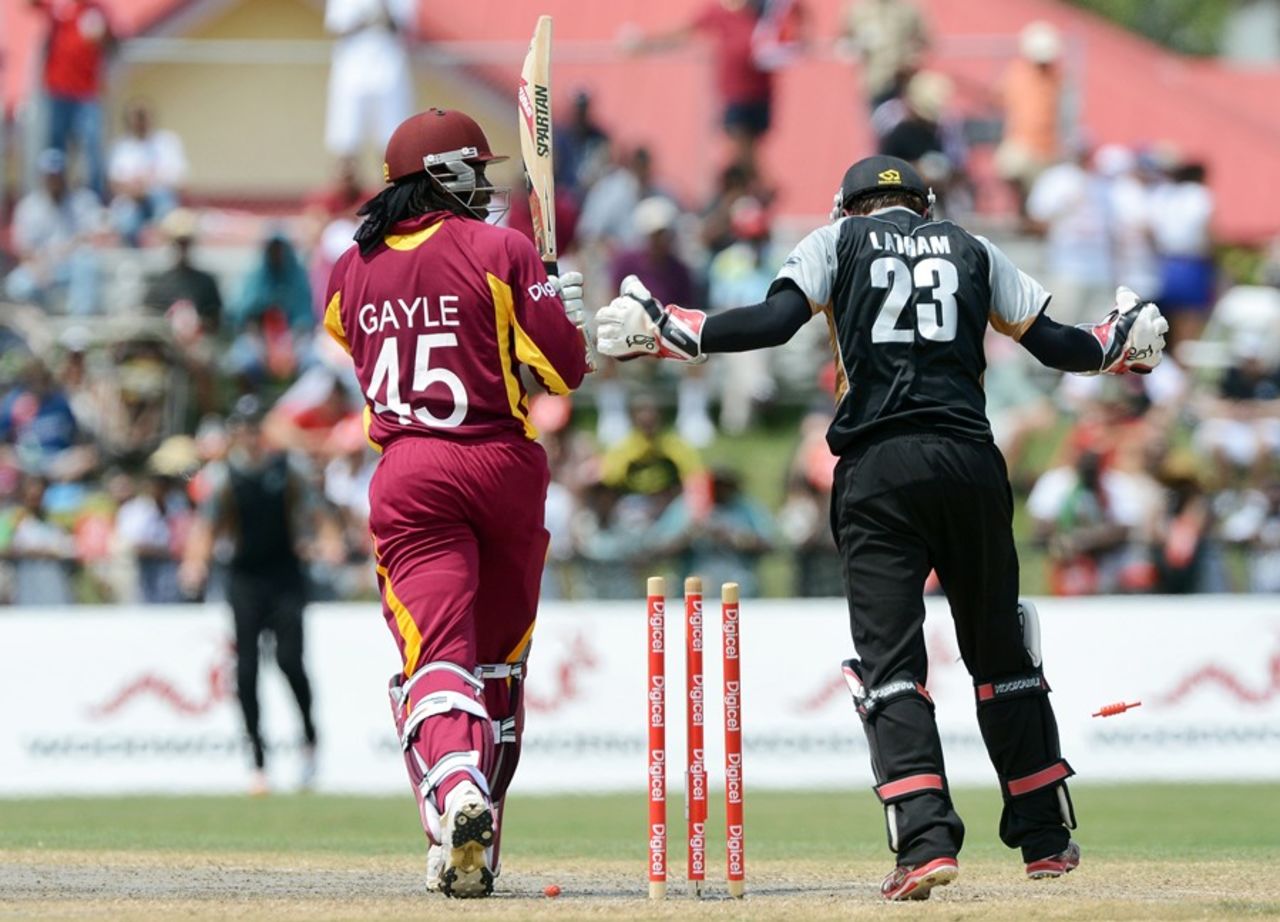 Chris Gayle is bowled, West Indies v New Zealand, 2nd Twenty20, Florida, July 1, 2012