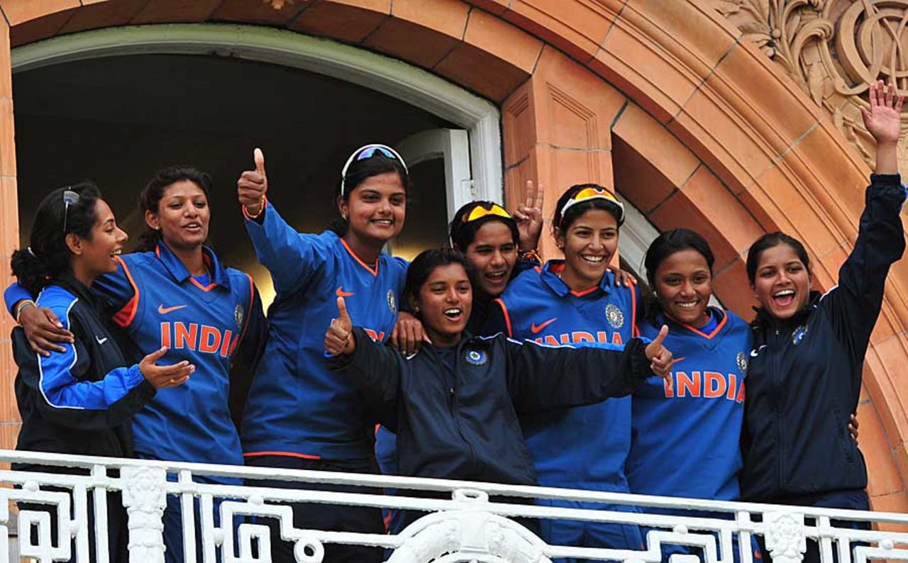 The Indian women's team celebrates victory at the Lord's balcony, England Women v India Women, 1st ODI, Lord's, July, 1, 2012