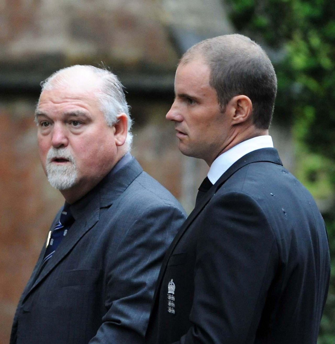 Mike Gatting and Andrew Strauss arrive at Tom Maynard's funeral, Cardiff, July 4, 2012