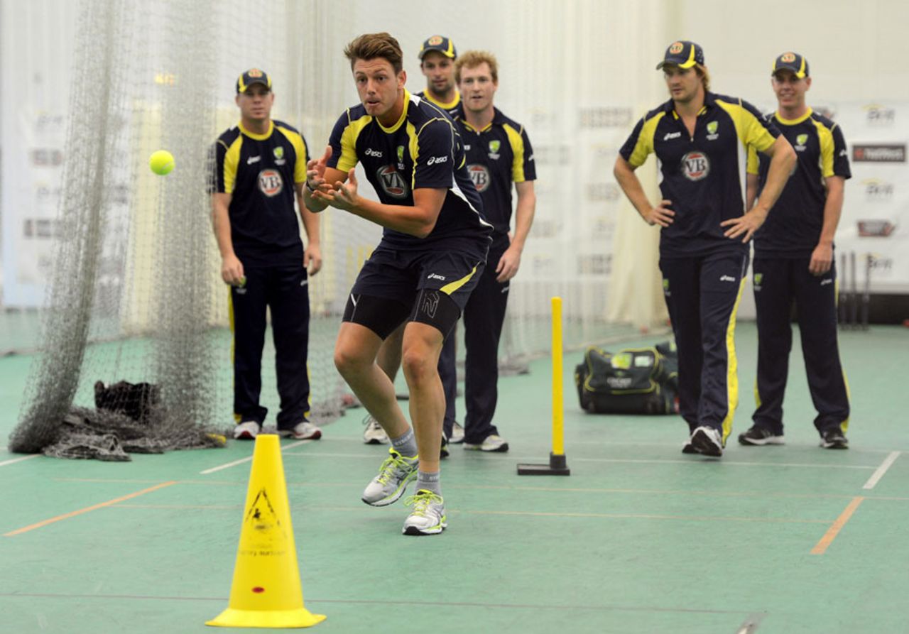 James Pattinson takes part in an indoor training drill, Chester-le-Street, July 6, 2012