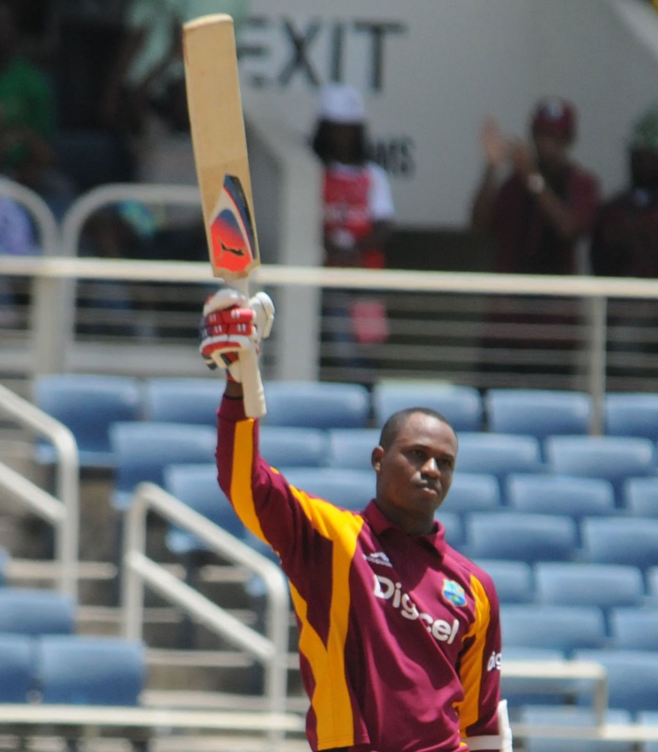 Marlon Samuels signals his first ODI century since 2006, West Indies v New Zealand, 2nd ODI, Kingston, July 7, 2012