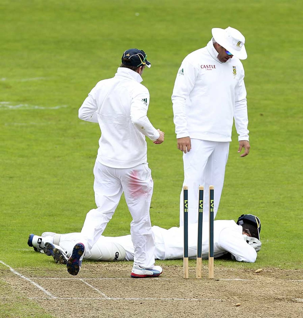 Mark Boucher lies on the ground after being struck in the eye, Somerset v South Africans, Tour Match, Taunton, 1st day, July 9, 2012