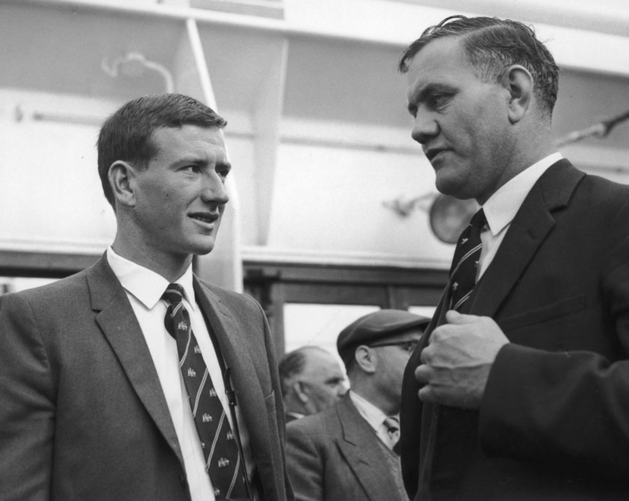 Graham McKenzie meets Alec Bedser on board the SS Himalaya after it arrived at Tilbury, April 21, 1961
