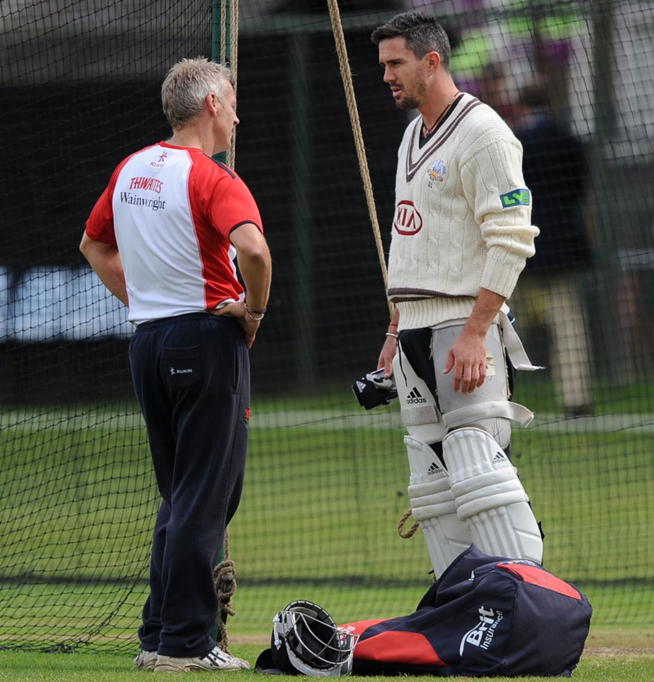 Kevin Pietersen chats with Peter Moores before Surrey face Lancashire, Surrey v Lancashire, County Championship, Division One, Guildford, July 11, 2012