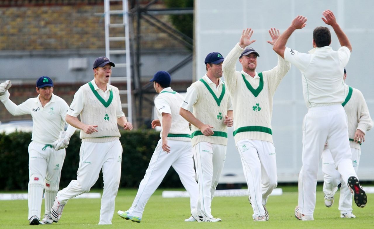 Max Sorensen celebrates a wicket, Ireland v Afghanistan, Intercontinental Cup, 3rd day, Dublin, July 11, 2012