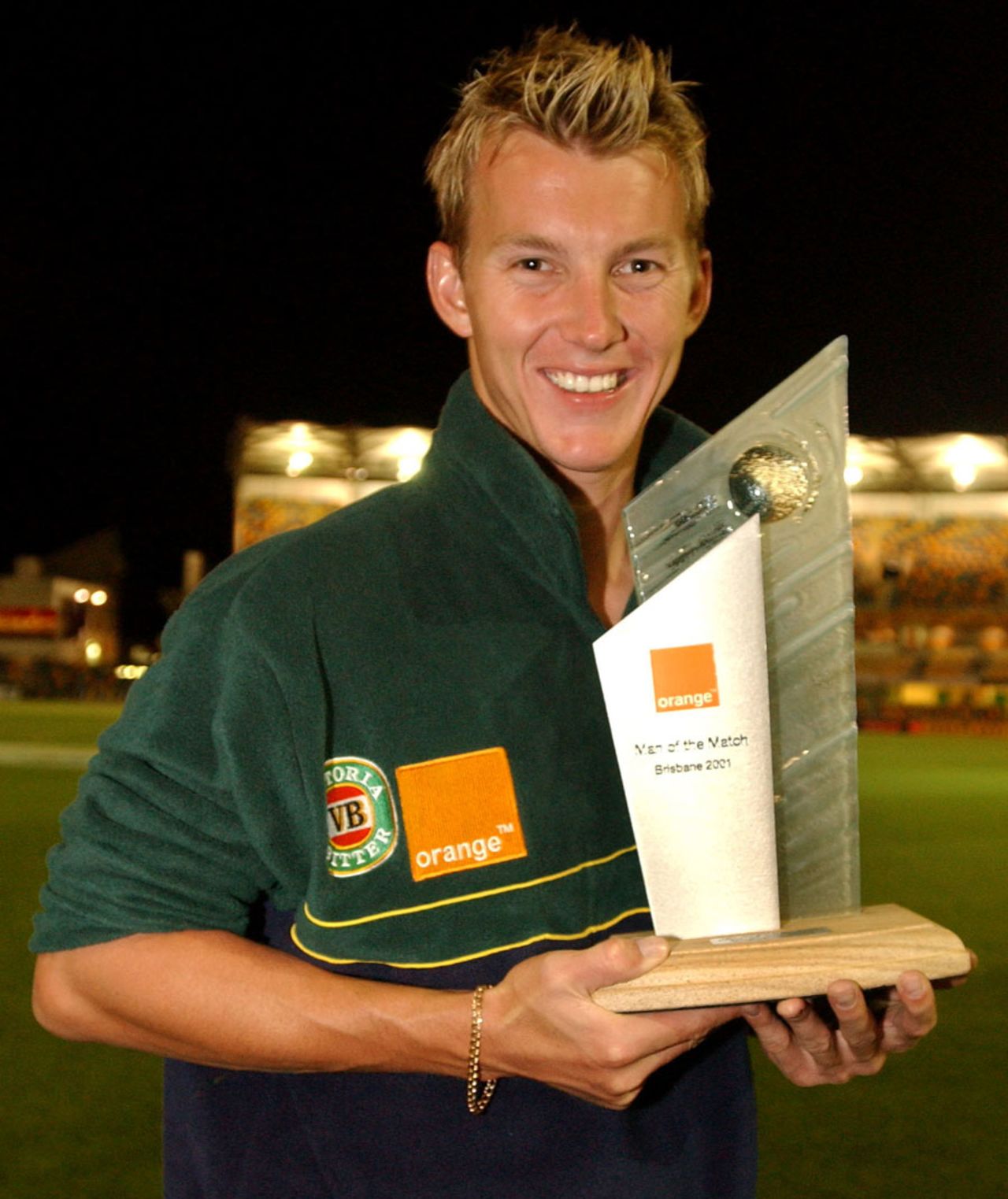 Brett Lee with his Man-of-the-Match award, Australia v New Zealand, 1st Test, Trans Tasman Trophy, 2001-2, Brisbane Cricket Ground Woolloongabba, 8-12 Nov, 2001