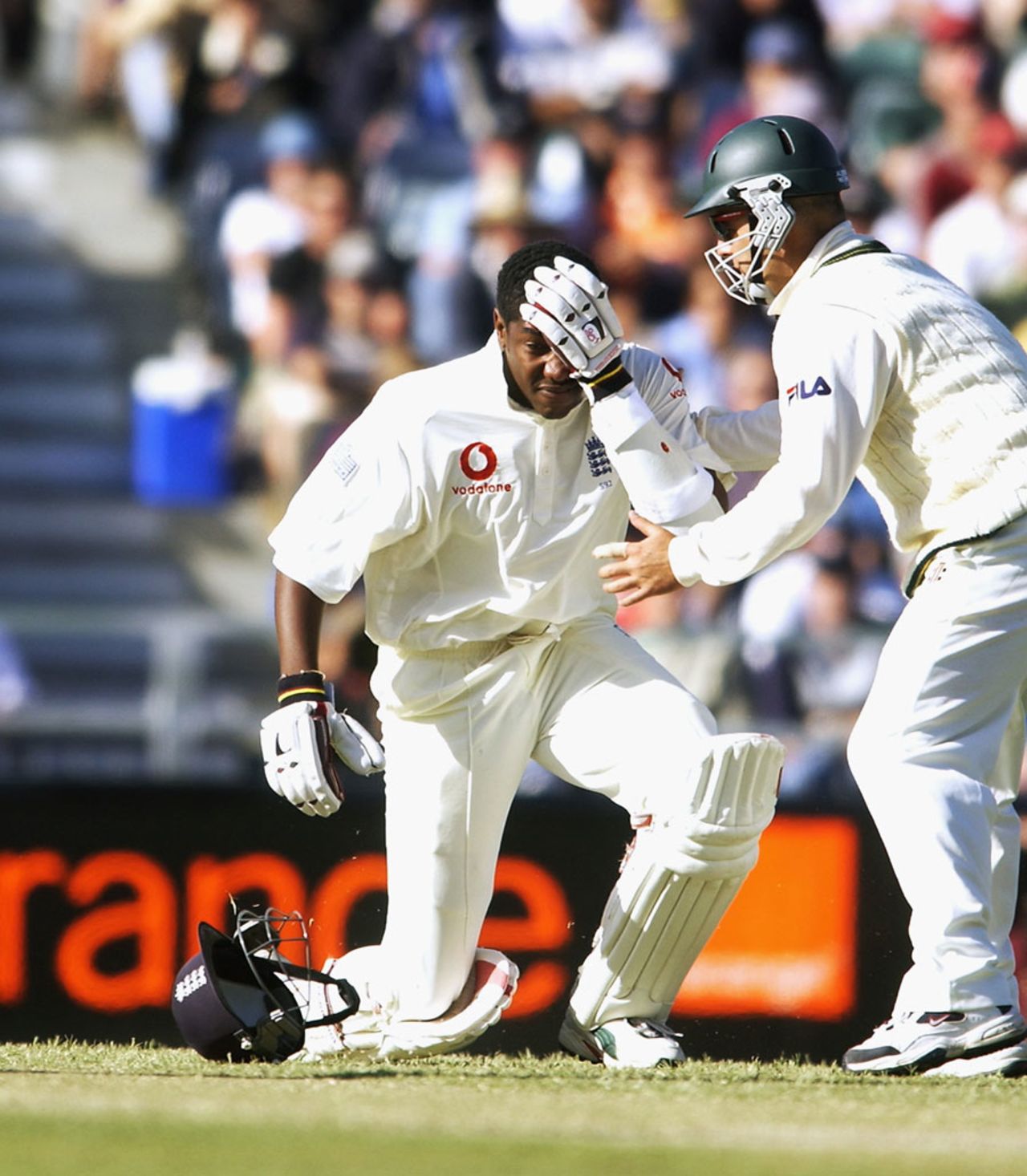 Alex Tudor is felled by a Brett Lee bouncer, Australia v England, 3rd Test, 3rd day, Perth, December 1, 2002