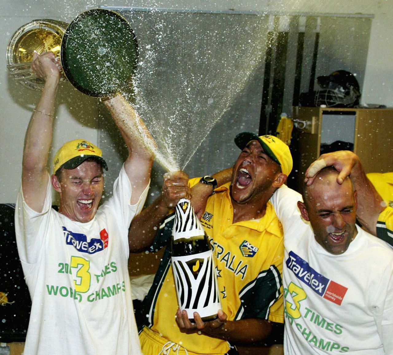 Brett Lee, Andrew Symonds and Darren Lehmann with the trophy, World Cup, 2003 - Australia v India at Centurion, 15 February 2003
