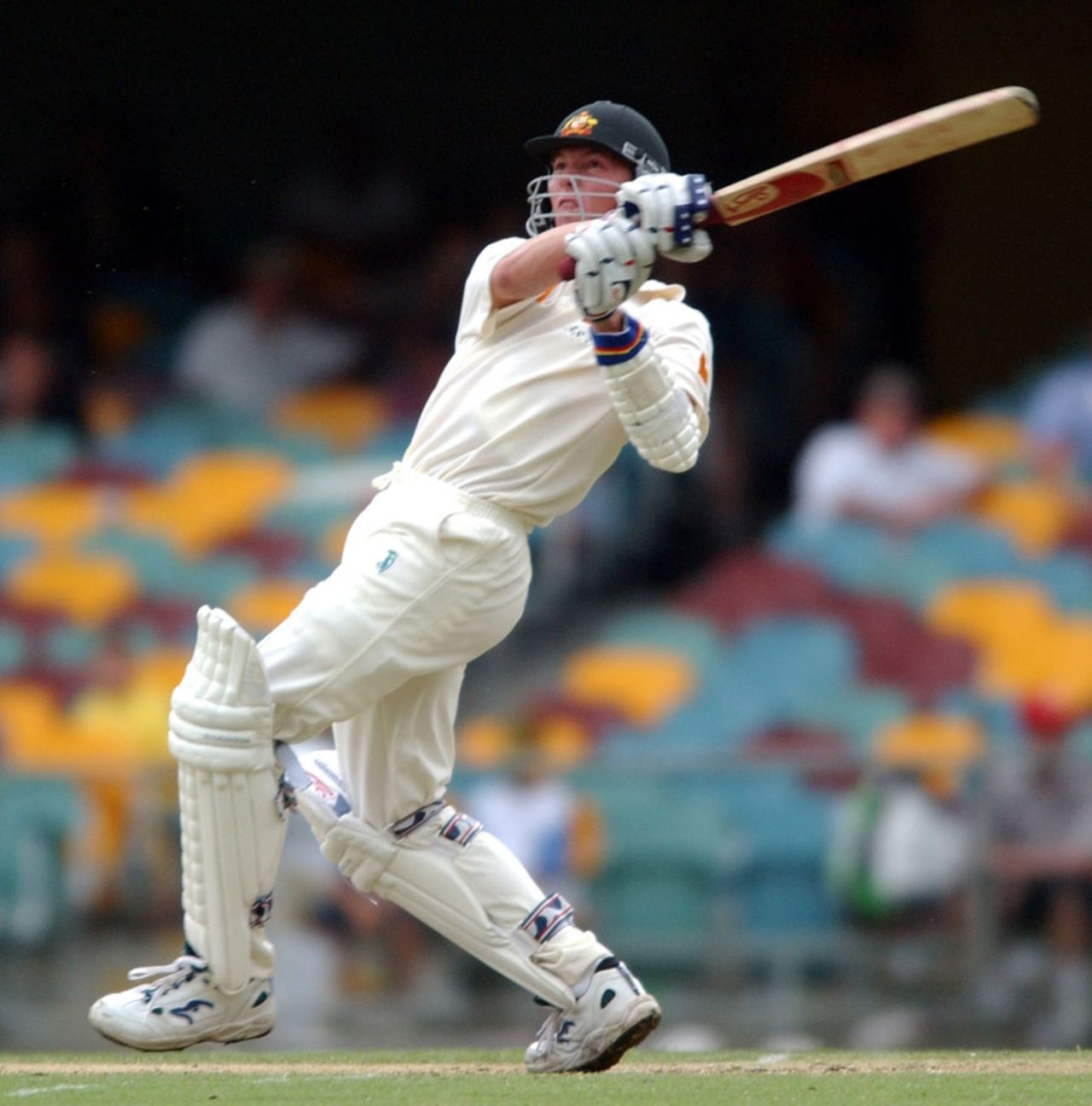 Brett Lee slams the ball towards midwicket, Australia v New Zealand, 1st Test, Trans Tasman Trophy, 2001-2, Brisbane Cricket Ground Woolloongabba, 8-12 Nov, 2001